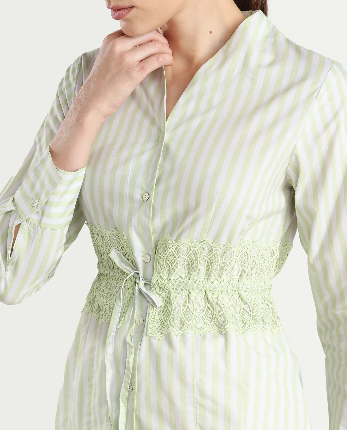 Rareism Women's Dooze Light Green Cotton V-Neck Striped Cuffed Sleeve Regular Fit Top