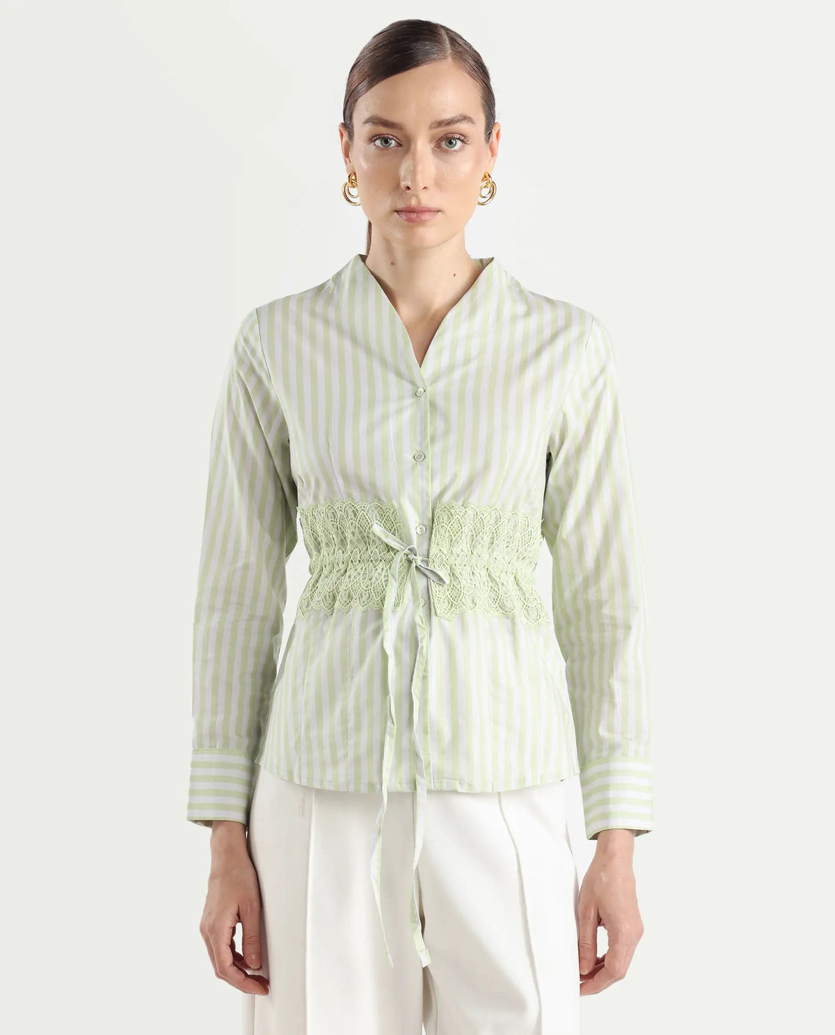 Rareism Women's Dooze Light Green Cotton V-Neck Striped Cuffed Sleeve Regular Fit Top
