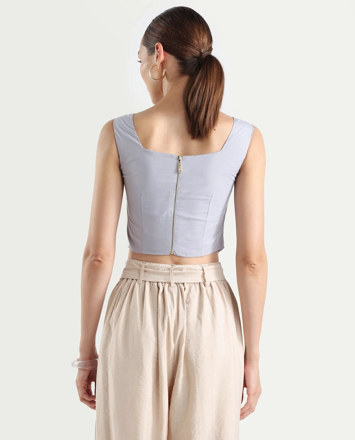 Rareism Women's Dordo Light Blue Cotton Square Neck Dyed Sleeveless Crop Fitted Top