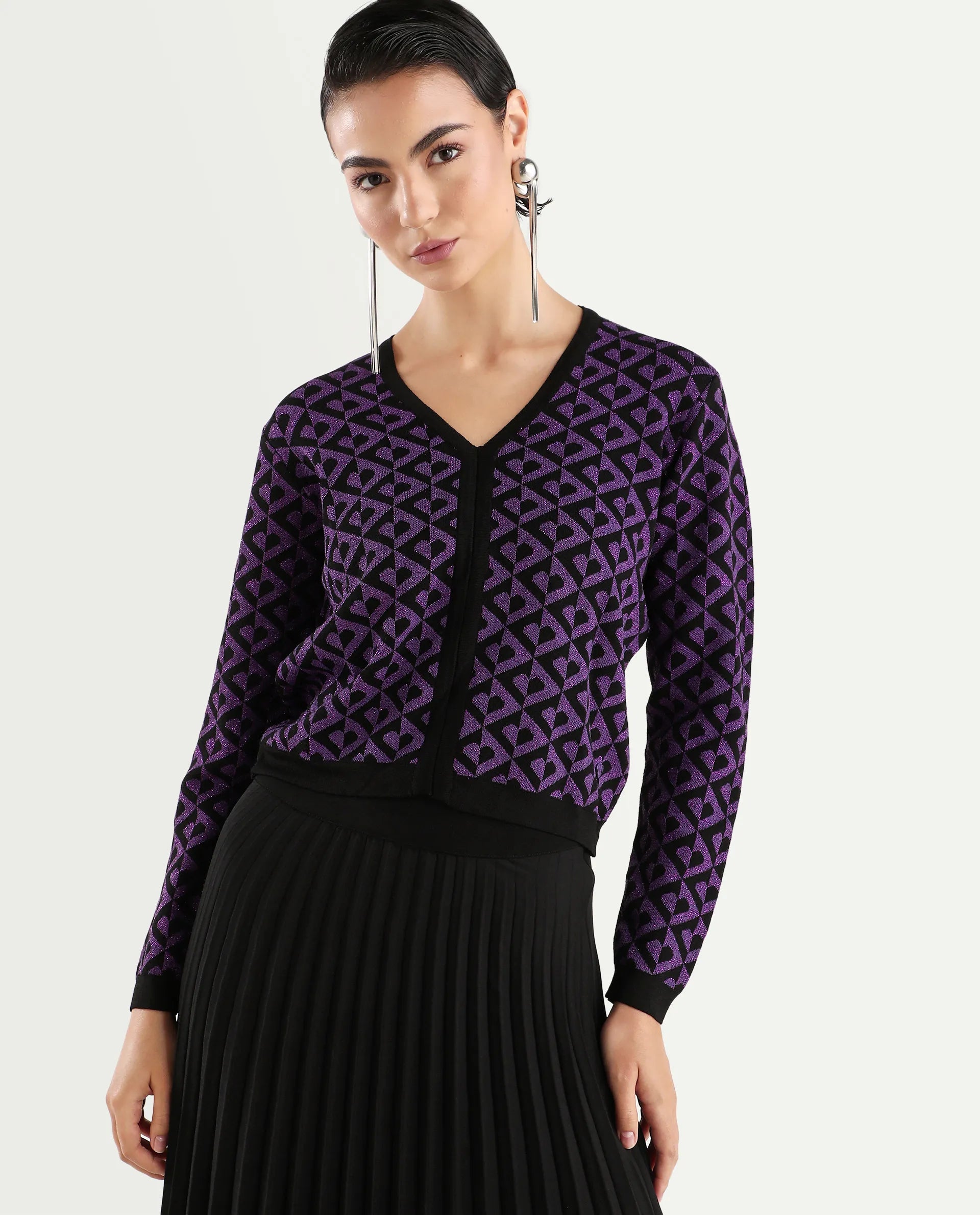 Rareism Women's Dortyol Purple Viscose V-Neck Geometric Print Regular Fit Sweater