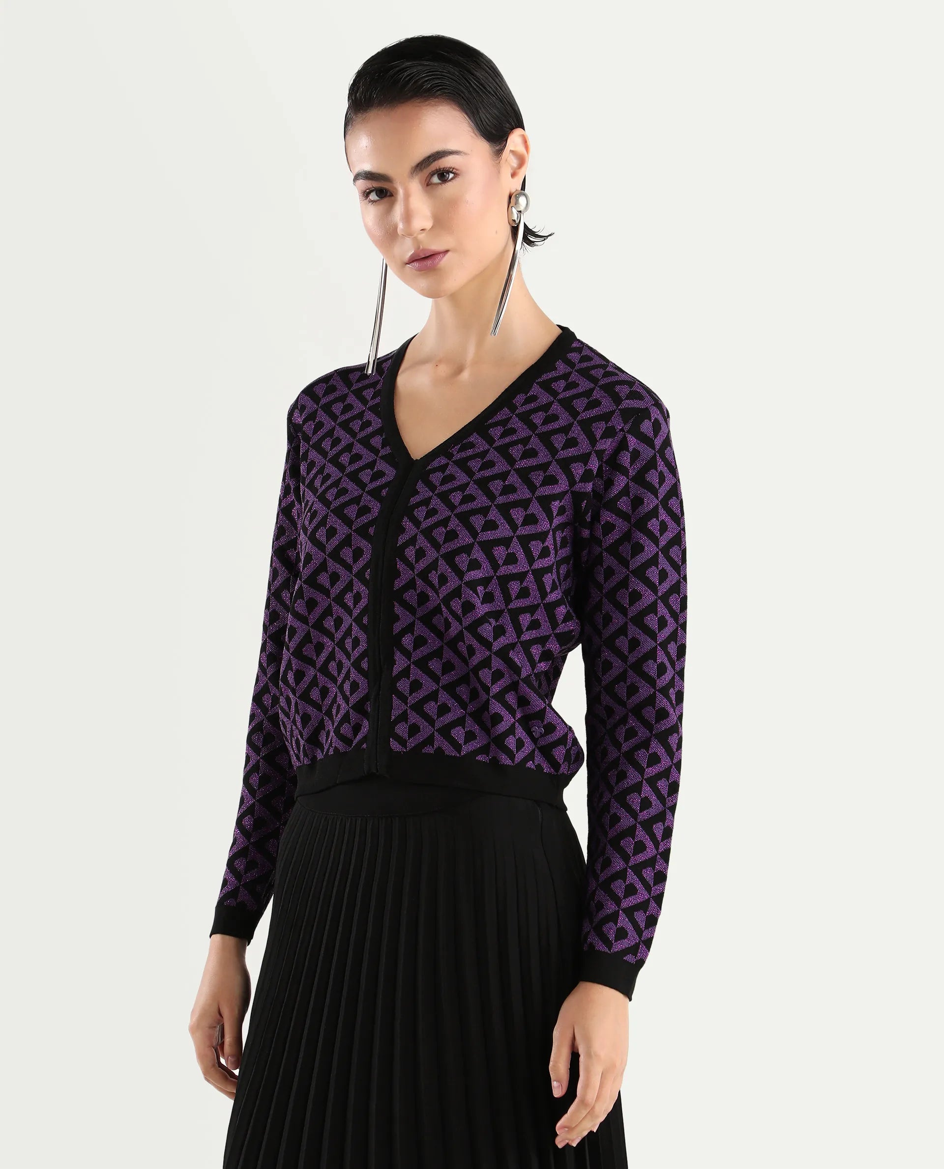 Rareism Women's Dortyol Purple Viscose V-Neck Geometric Print Regular Fit Sweater