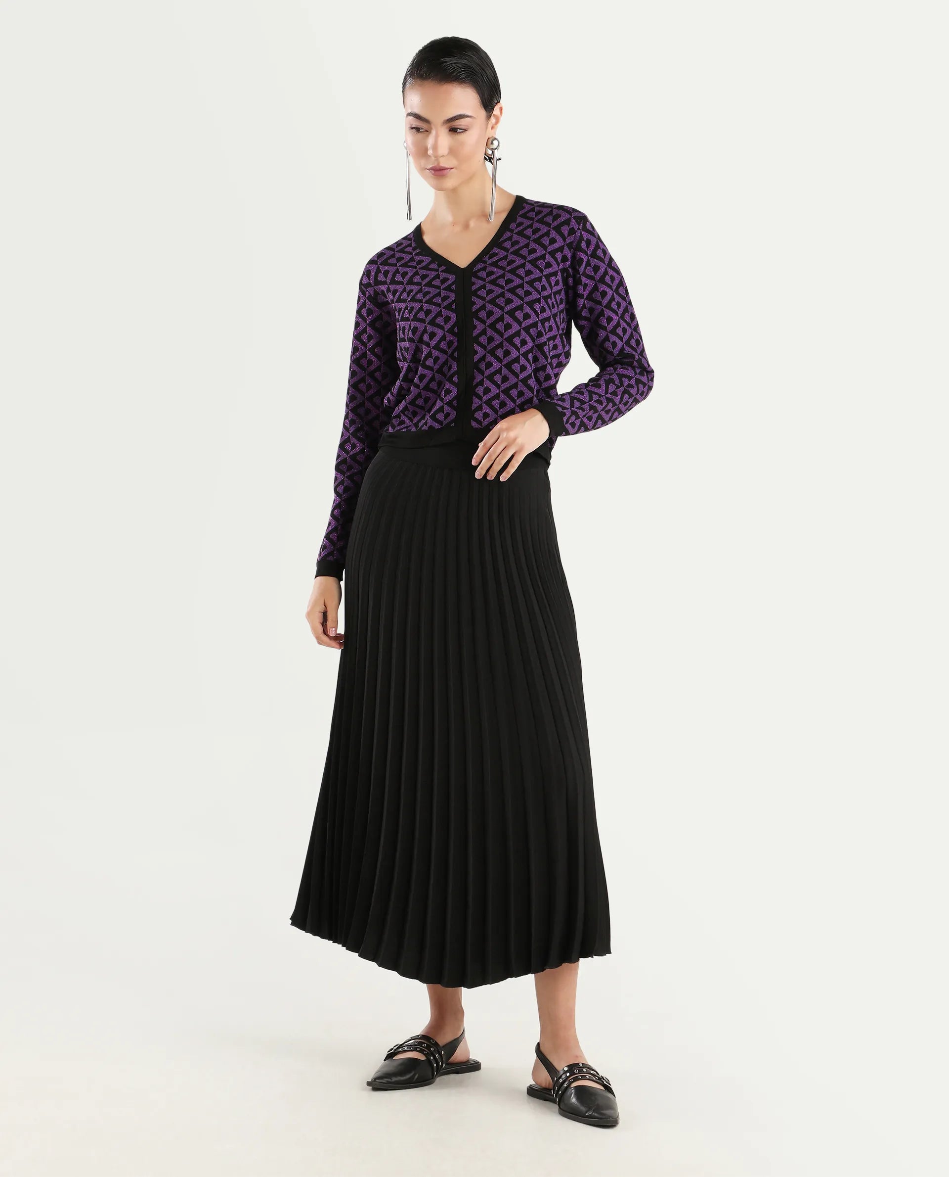 Rareism Women's Dortyol Purple Viscose V-Neck Geometric Print Regular Fit Sweater