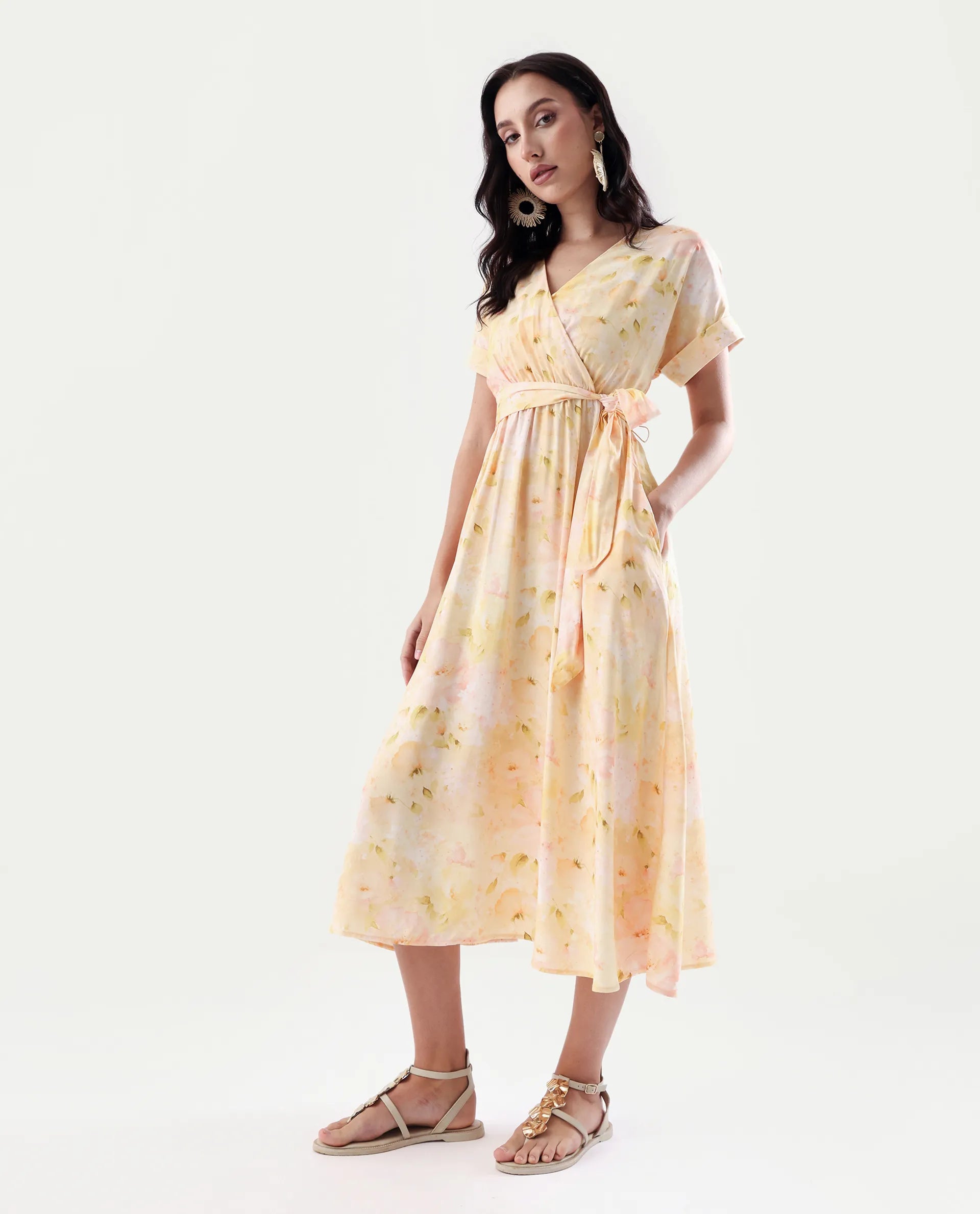 Rareism Women's Elavi Yellow Viscose Overlap Neck Flared Printed Midi Dress