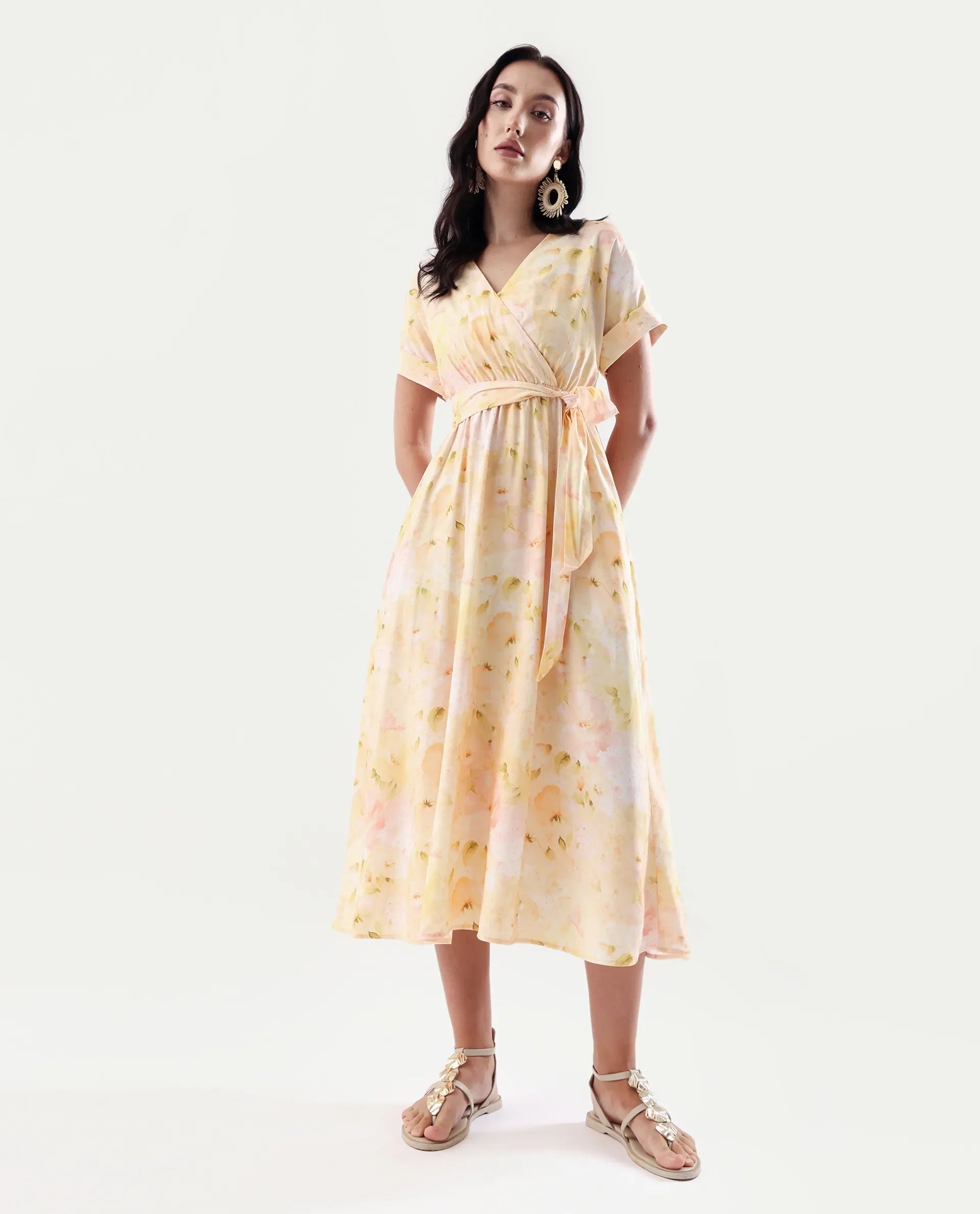 Rareism Women's Elavi Yellow Viscose Overlap Neck Flared Printed Midi Dress