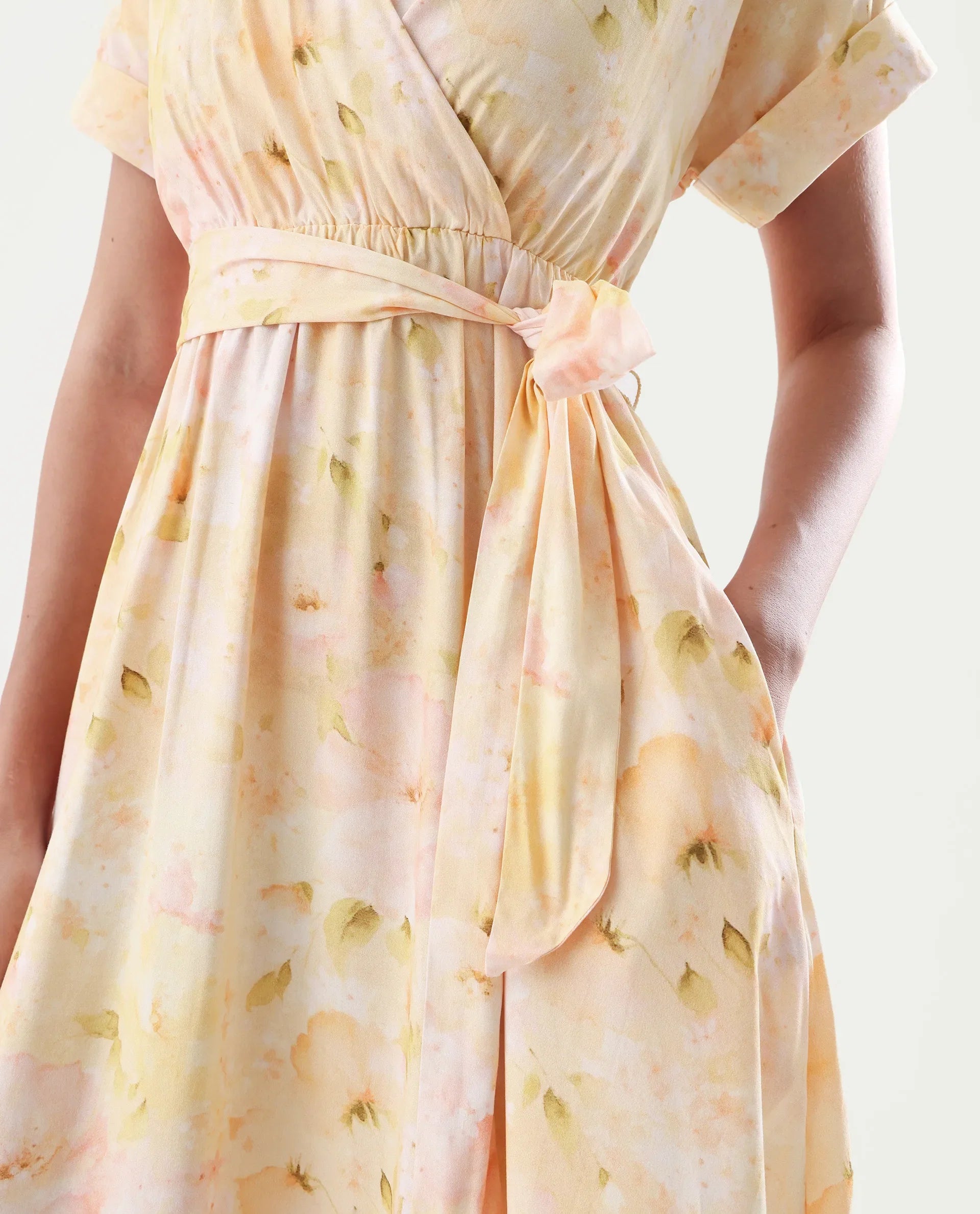 Rareism Women's Elavi Yellow Viscose Overlap Neck Flared Printed Midi Dress