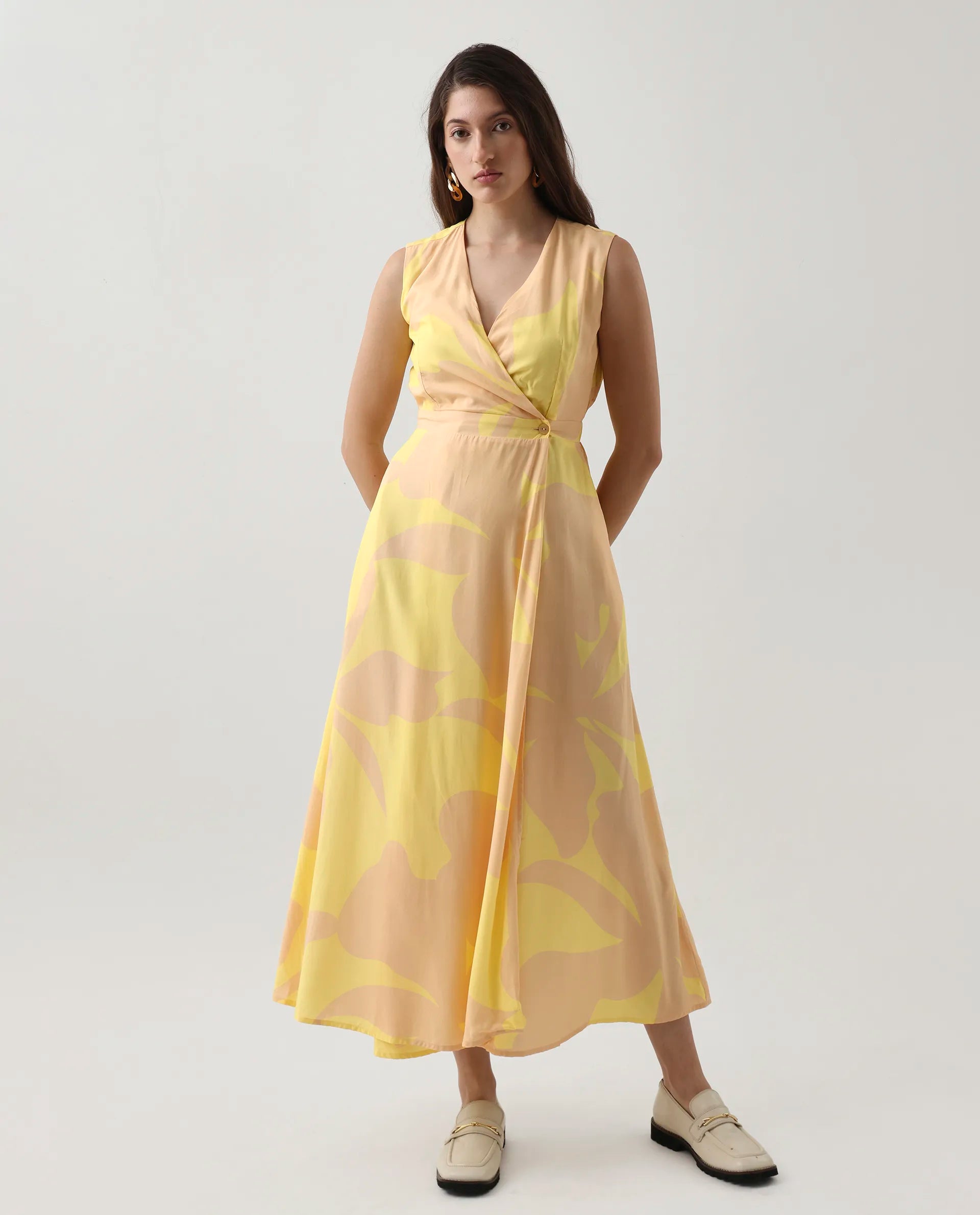 Rareism Women's Elbee Brown Viscose Wrap Neck A-Line Printed Midi Dress