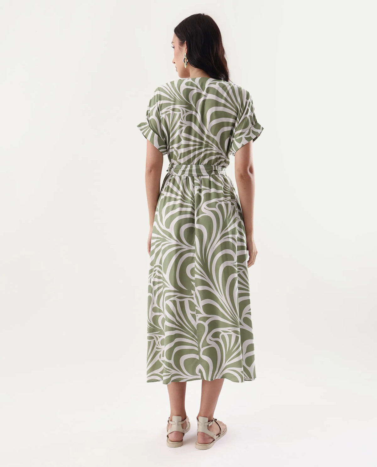 Rareism Women's Elean Olive Viscose Overlap Neck Flared Printed Midi Dress