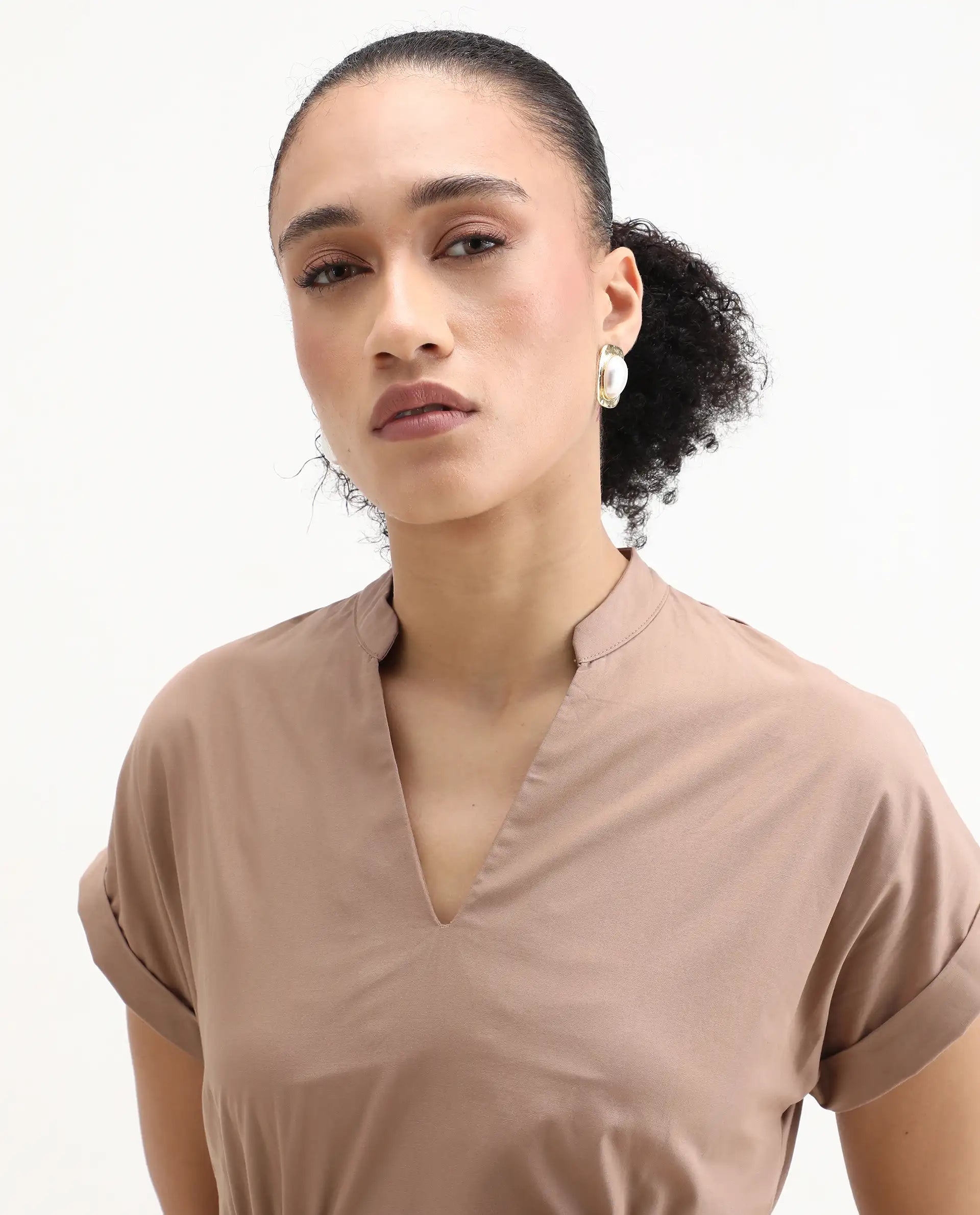 Rareism Women's Eleri Beige Cotton Extended Sleeves Mandarin Collar A-Line Fit Plain Midi Dress