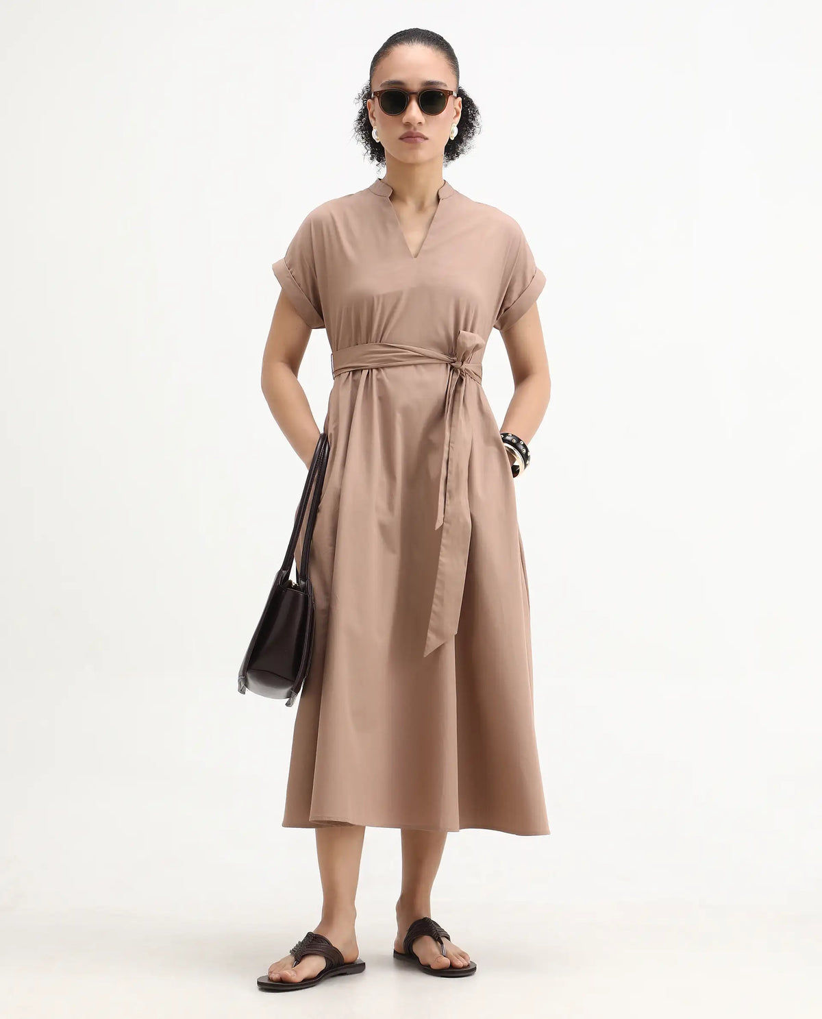 Rareism Women's Eleri Beige Cotton Extended Sleeves Mandarin Collar A-Line Fit Plain Midi Dress