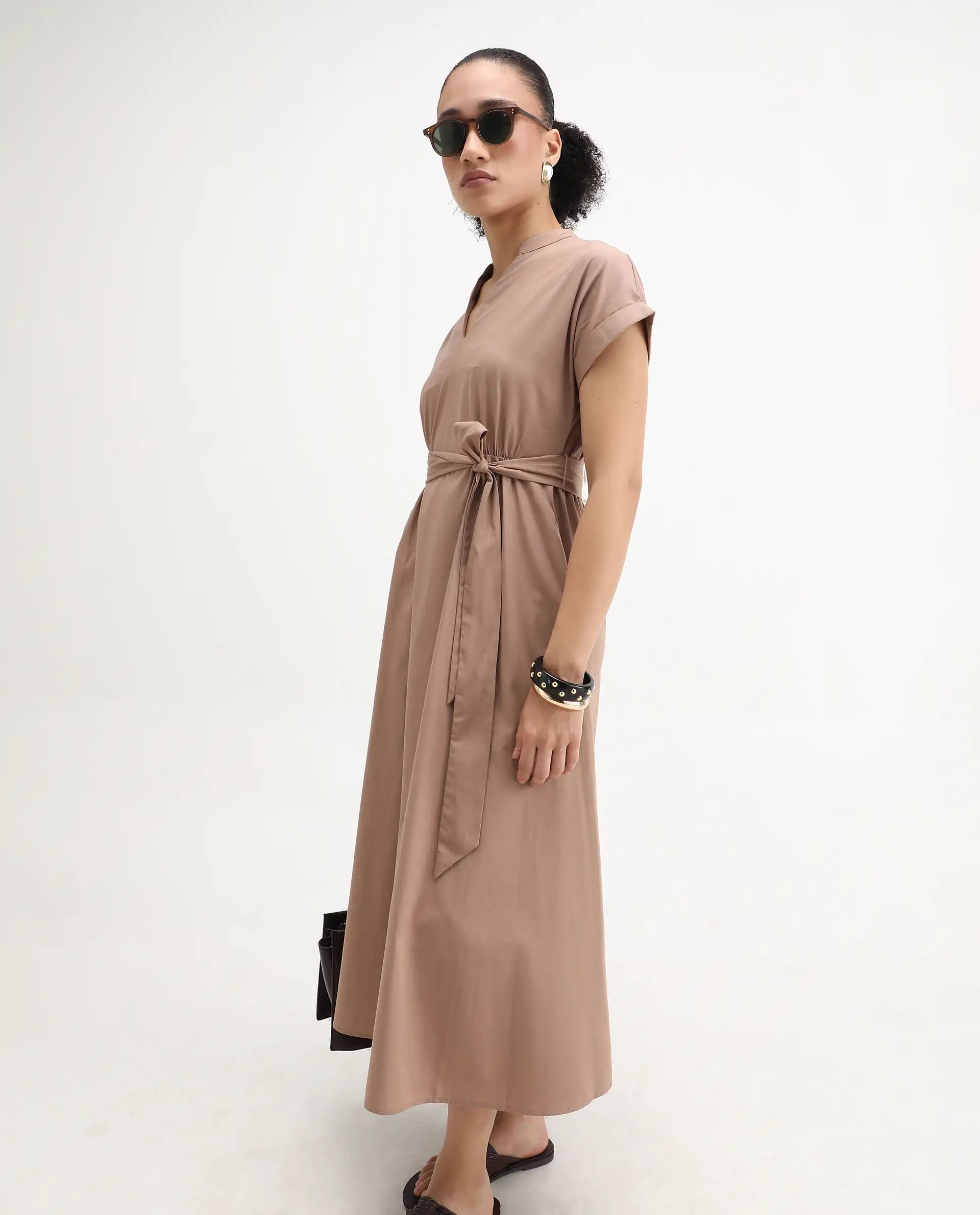 Rareism Women's Eleri Beige Cotton Extended Sleeves Mandarin Collar A-Line Fit Plain Midi Dress