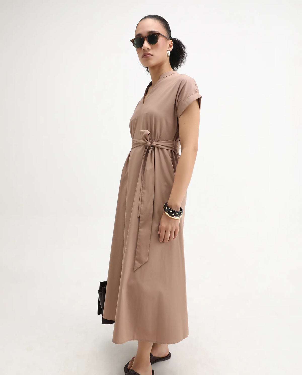 Rareism Women's Eleri Beige Cotton Extended Sleeves Mandarin Collar A-Line Fit Plain Midi Dress
