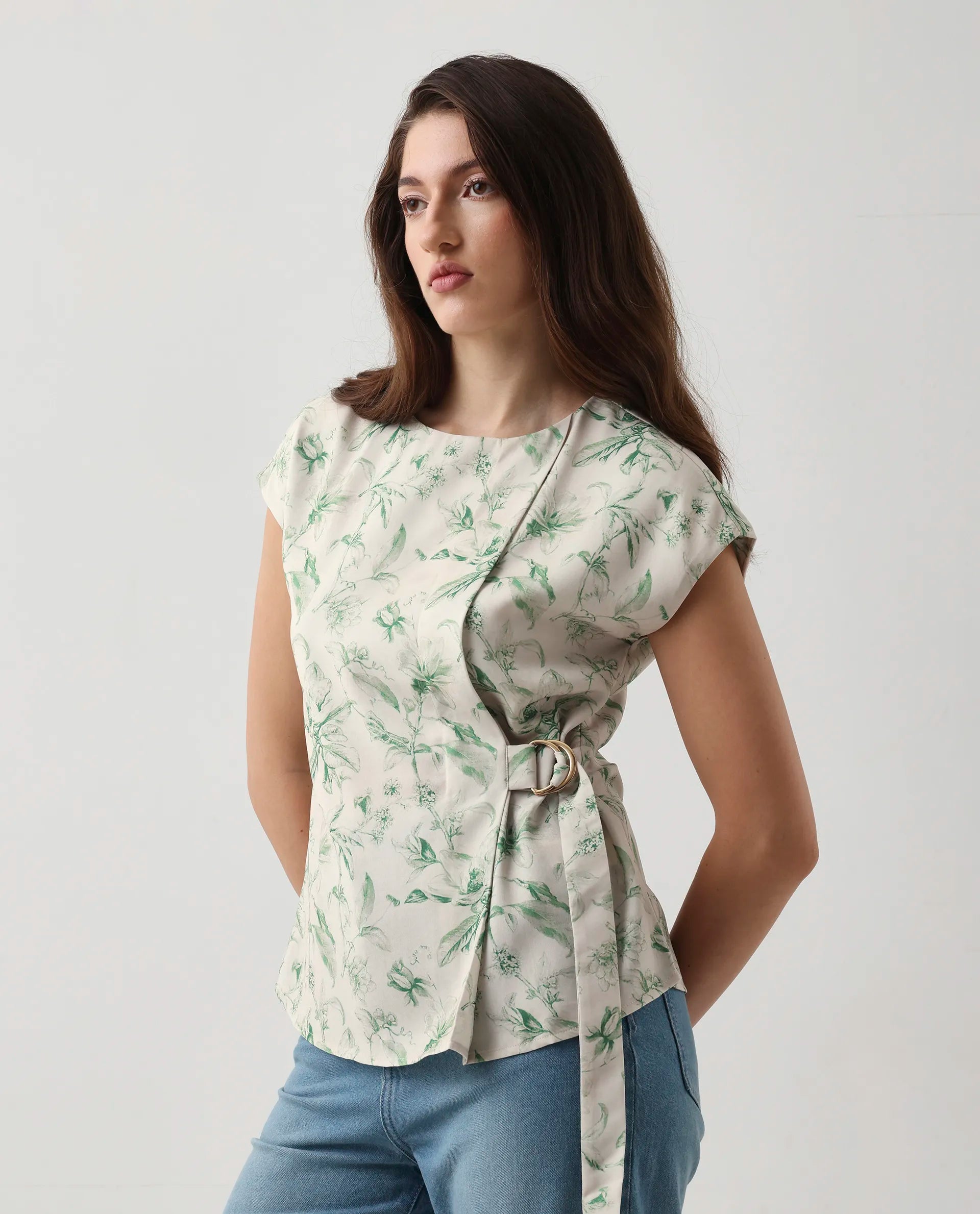 Rareism Women's Eligh Light Green Polyester Extended Sleeves Round Neck Regular Fit Top