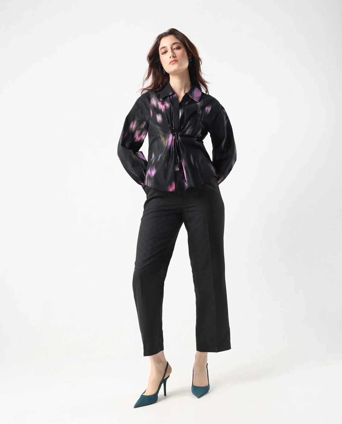 Rareism Women's Ellyn Black Cotton Bishop Sleeve Collared Neck Relaxed Fit Top