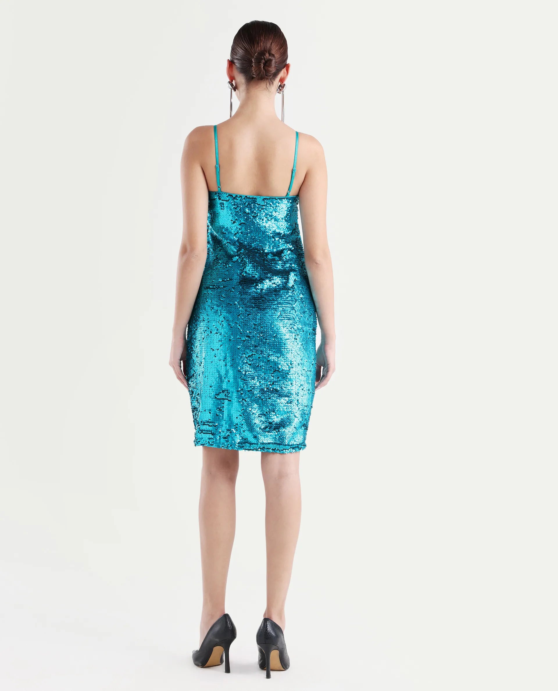 Rareism Women's Elsa Sheen Blue Polyester Cowl Neck Sequined Shoulder Strap Knee Length Regular Fit Dress