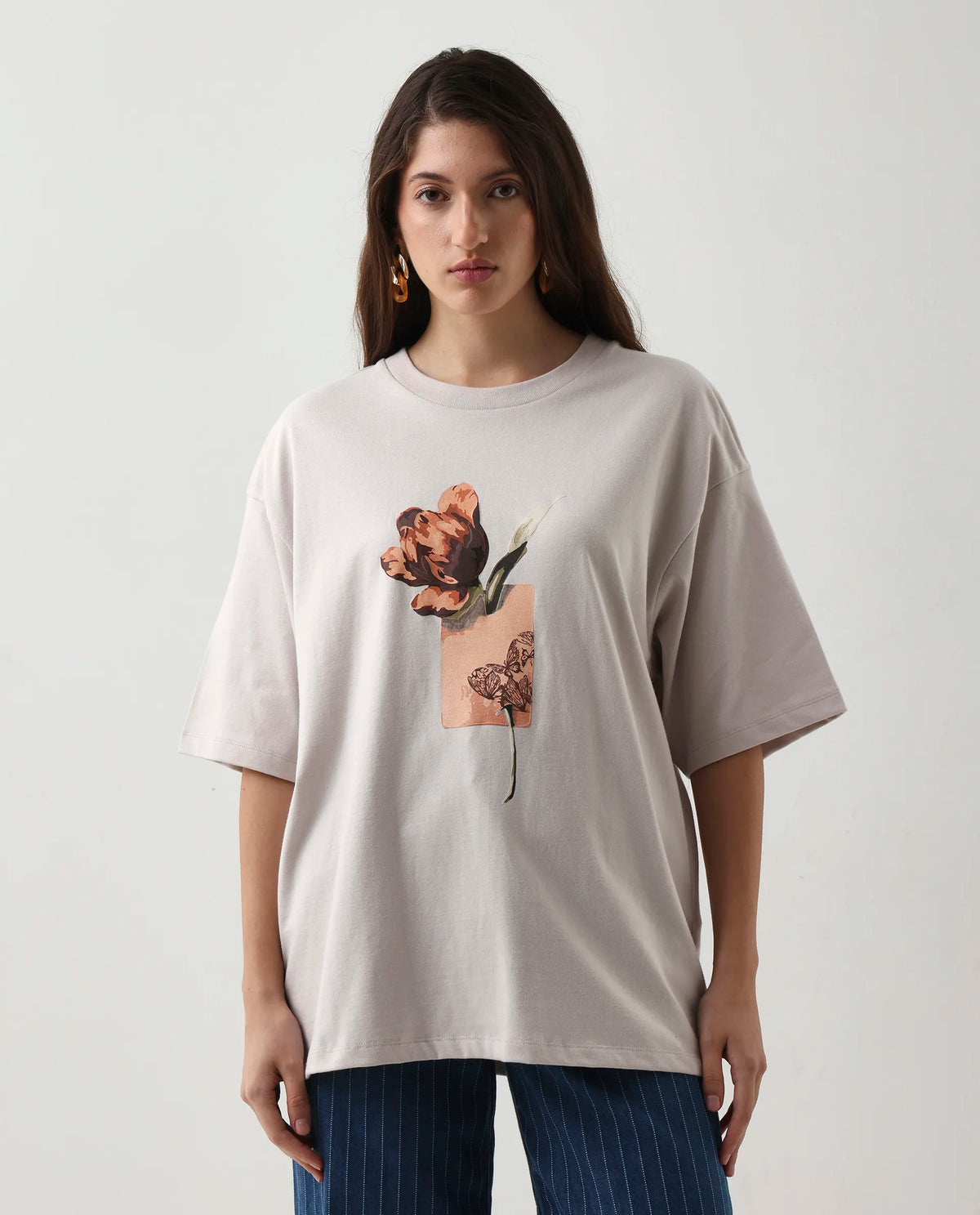 Rareism Women's Enof Beige Cotton Graphic Print Oversized T-Shirt