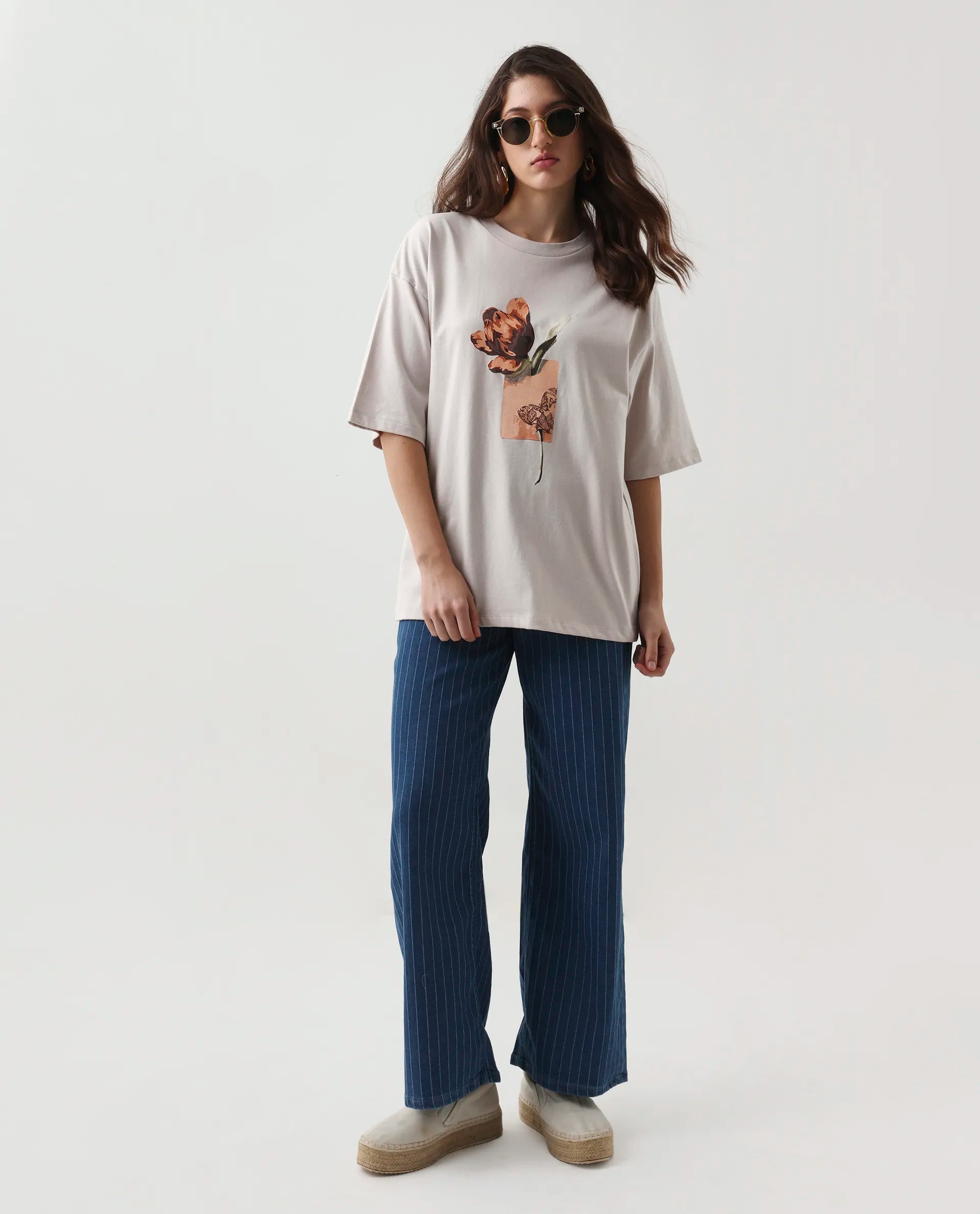 Rareism Women's Enof Beige Cotton Graphic Print Oversized T-Shirt