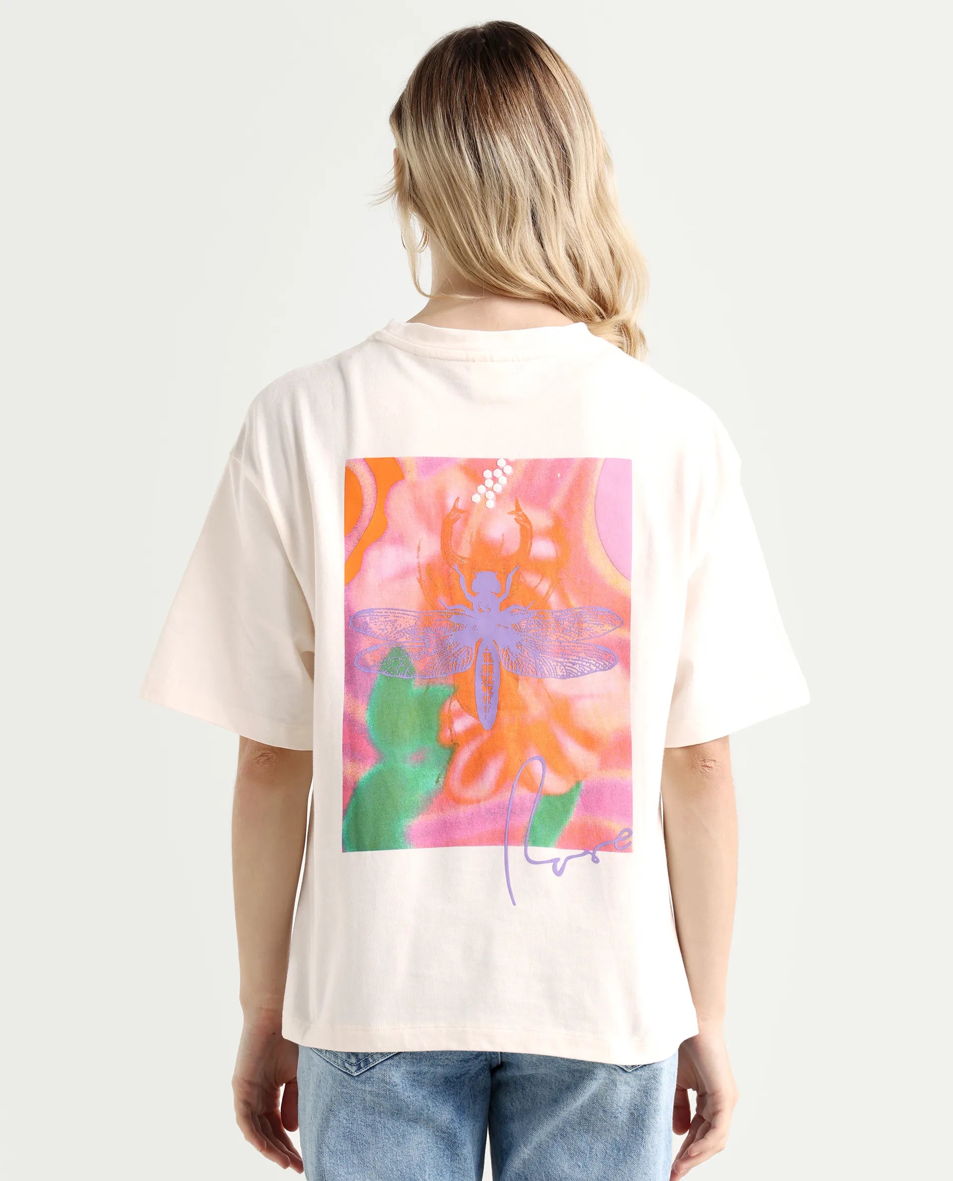 Rareism Women's Enrique Off White Cotton Blend Crew Neck Graphic Print Relaxed Fit T-Shirt
