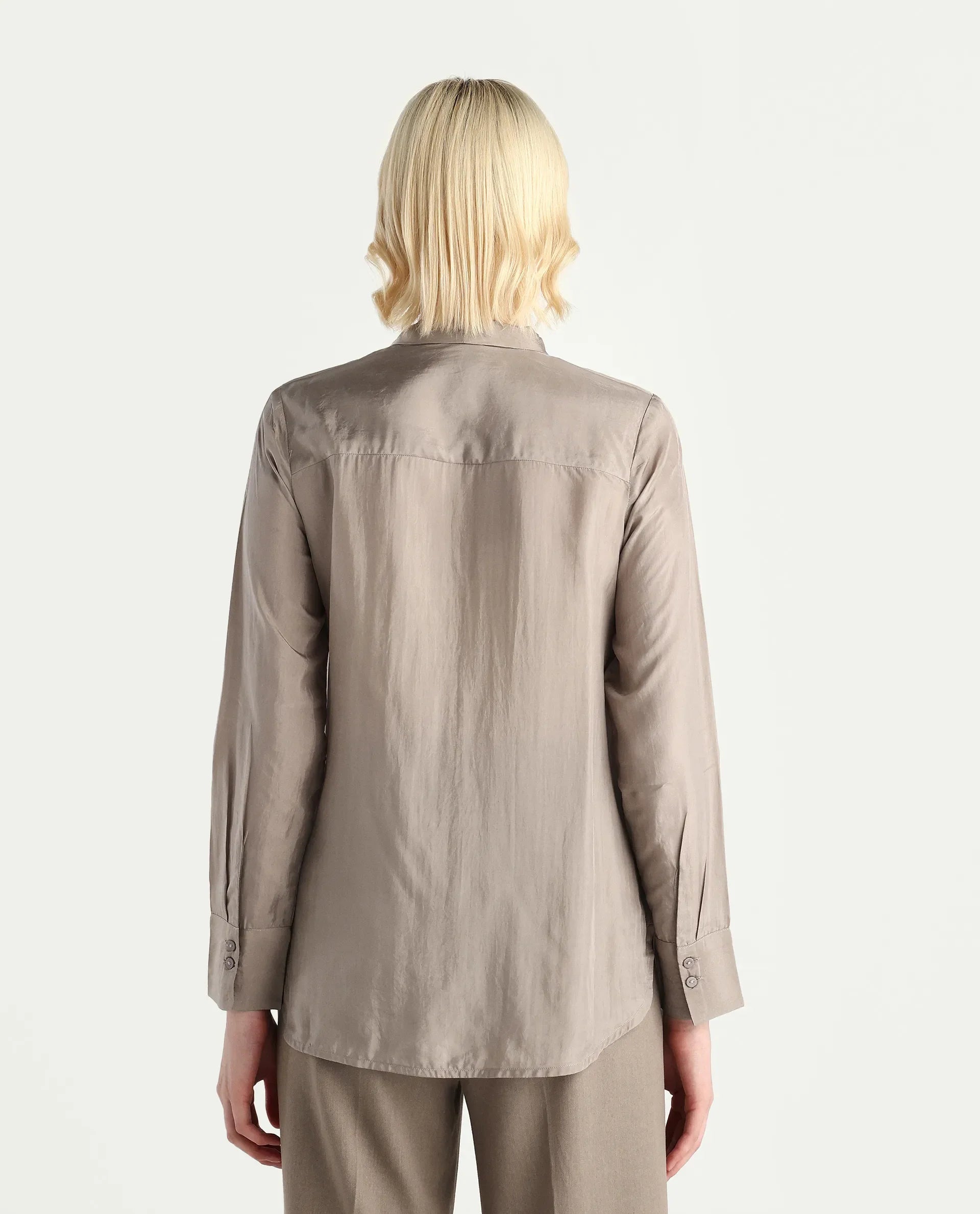 Rareism Women's Epoam Grey Cotton Blend Plain Cuffed Sleeve Regular Fit Shirt