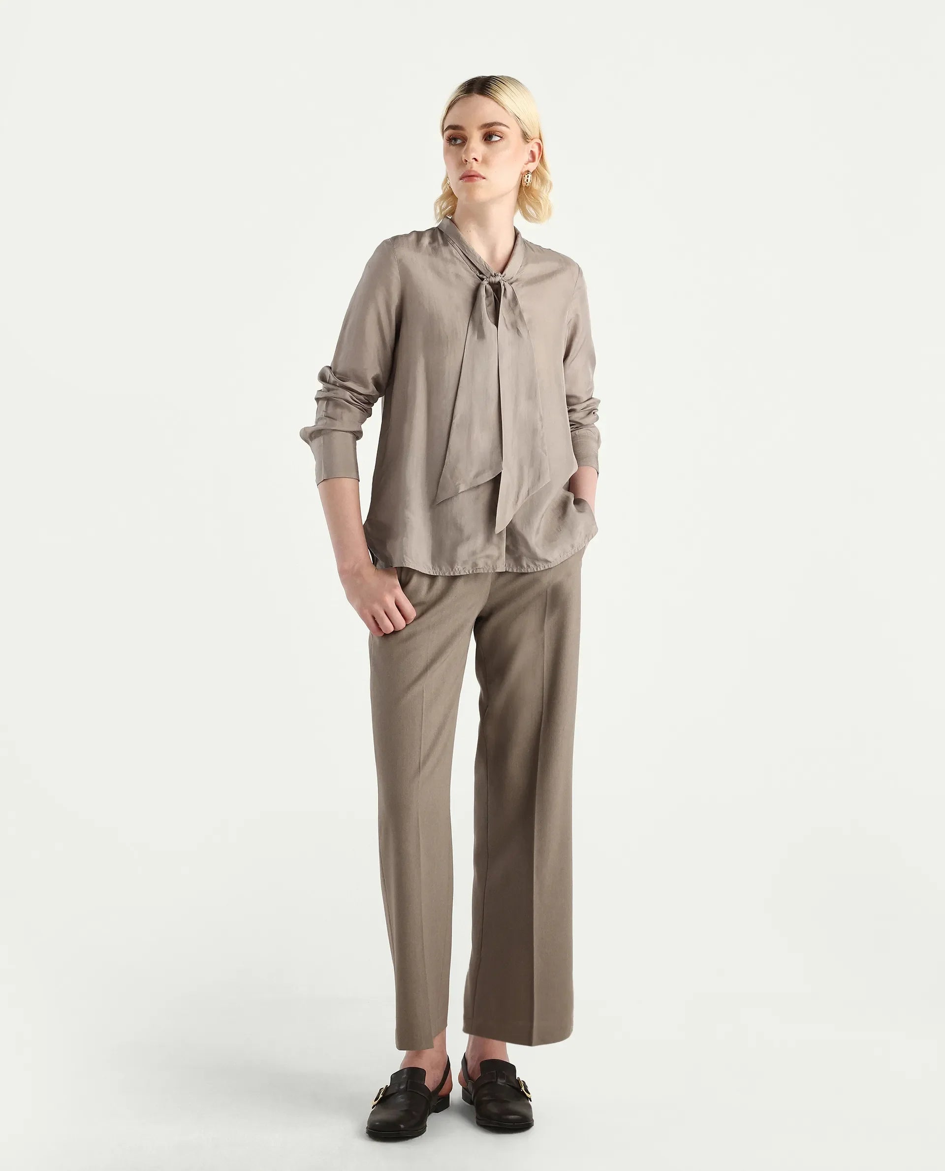 Rareism Women's Epoam Grey Cotton Blend Plain Cuffed Sleeve Regular Fit Shirt