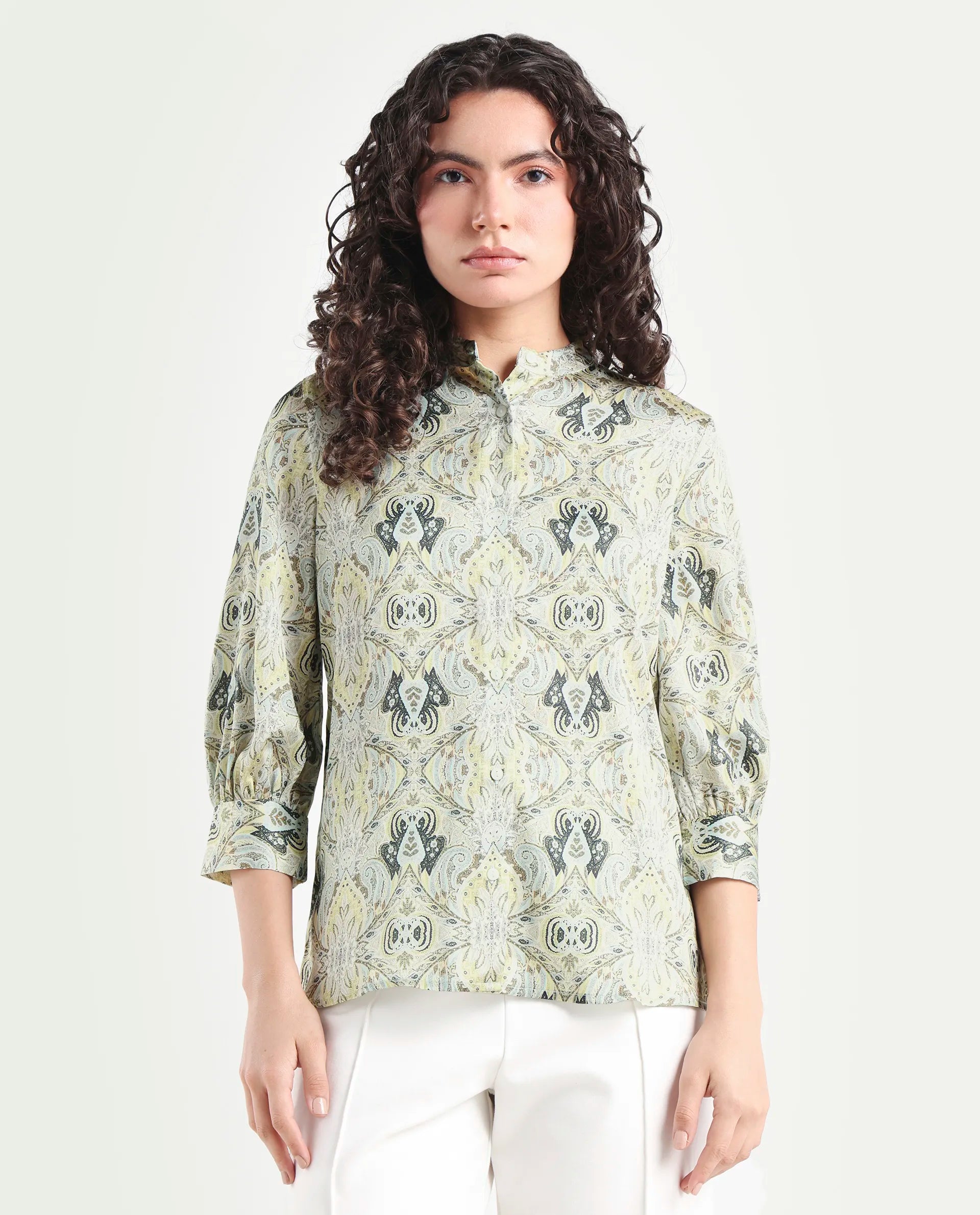 Rareism Women's Epsea Multi Satin Paisley Print Cuffed Sleeve Regular Fit Top