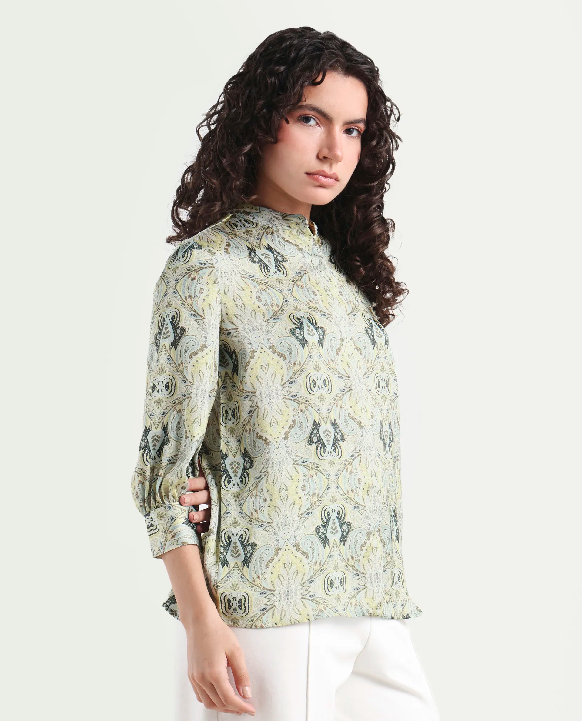 Rareism Women's Epsea Multi Satin Paisley Print Cuffed Sleeve Regular Fit Top