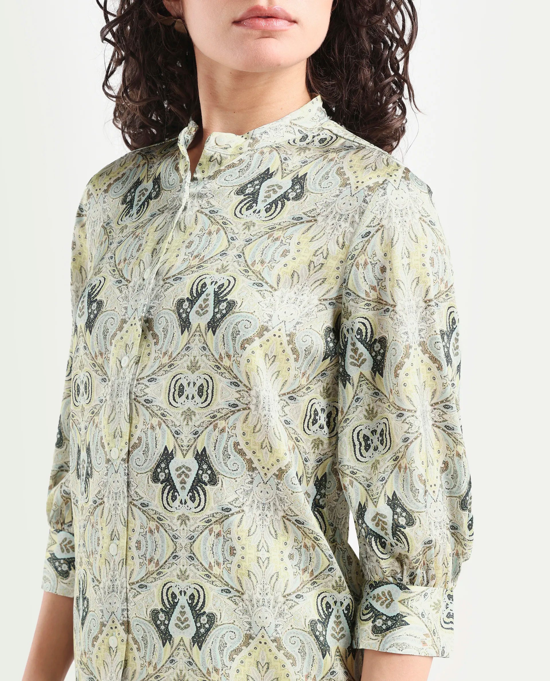 Rareism Women's Epsea Multi Satin Paisley Print Cuffed Sleeve Regular Fit Top