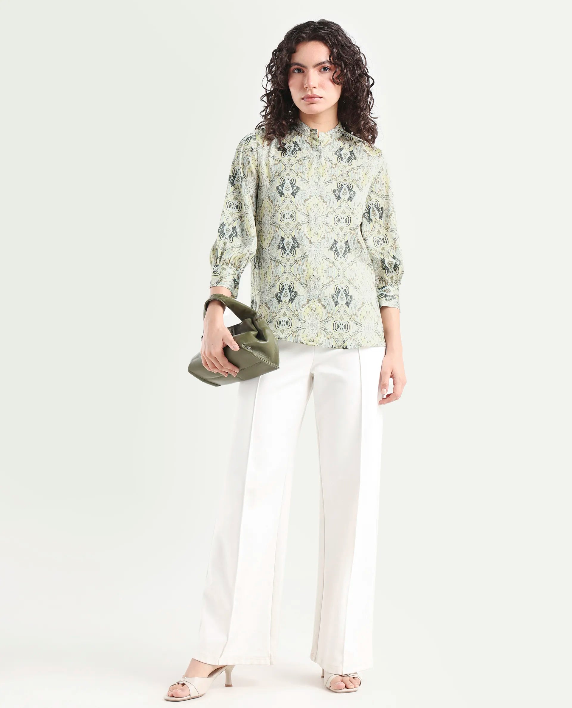 Rareism Women's Epsea Multi Satin Paisley Print Cuffed Sleeve Regular Fit Top