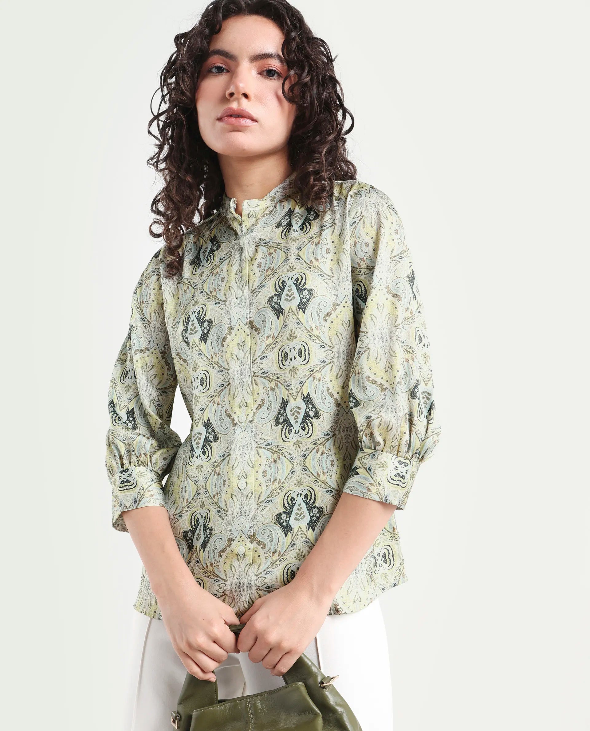 Rareism Women's Epsea Multi Cotton Paisley Print Cuffed Sleeve Regular Fit Top