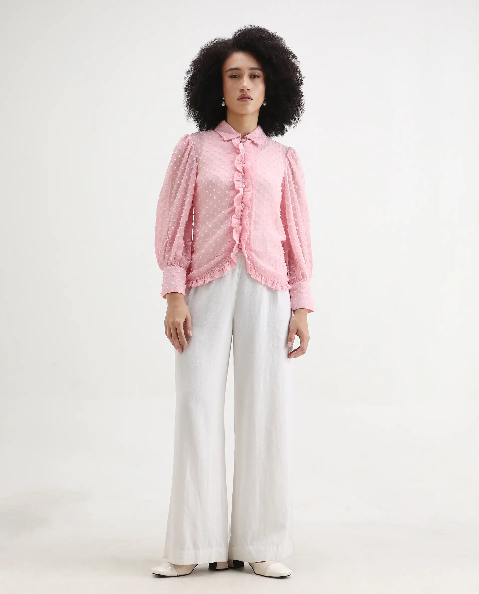 Rareism Women's Erat Pink Polyester Spread Collar Plain Bishop Sleeve Regular Fit Top