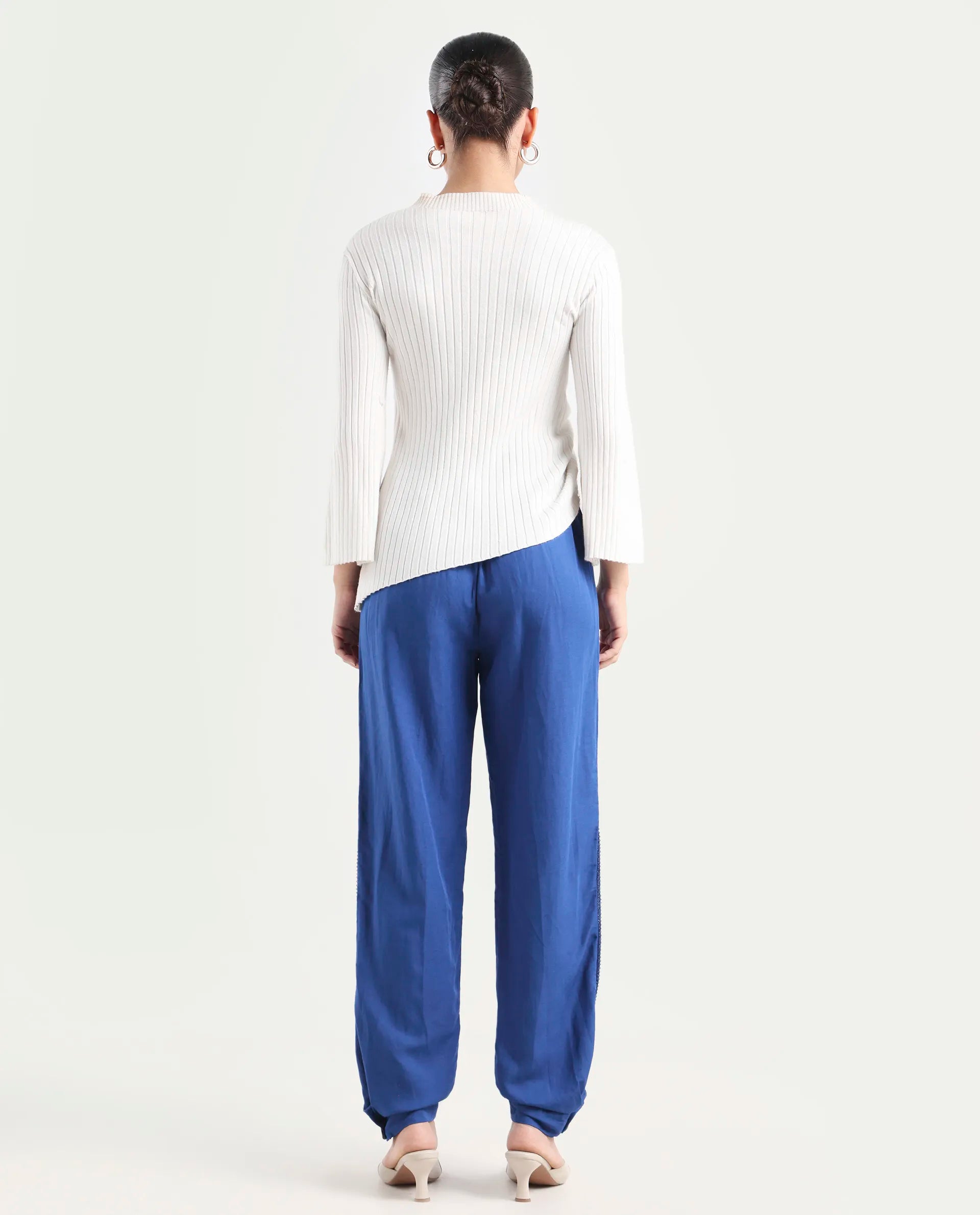 Rareism Women's Erin Blue Cotton Linen Plain Ankle Length Tailored Trouser