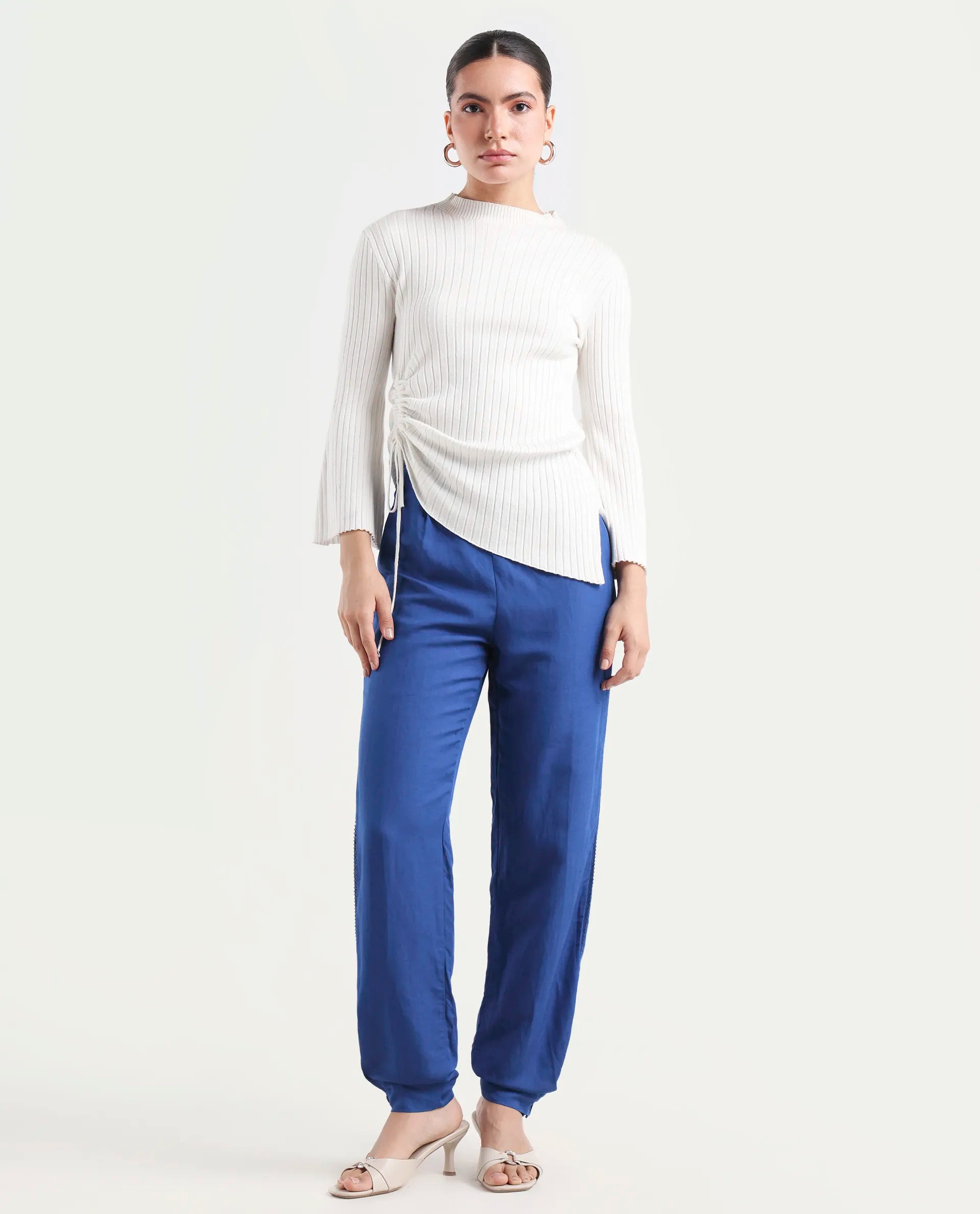 Rareism Women's Erin Blue Cotton Linen Plain Ankle Length Tailored Trouser