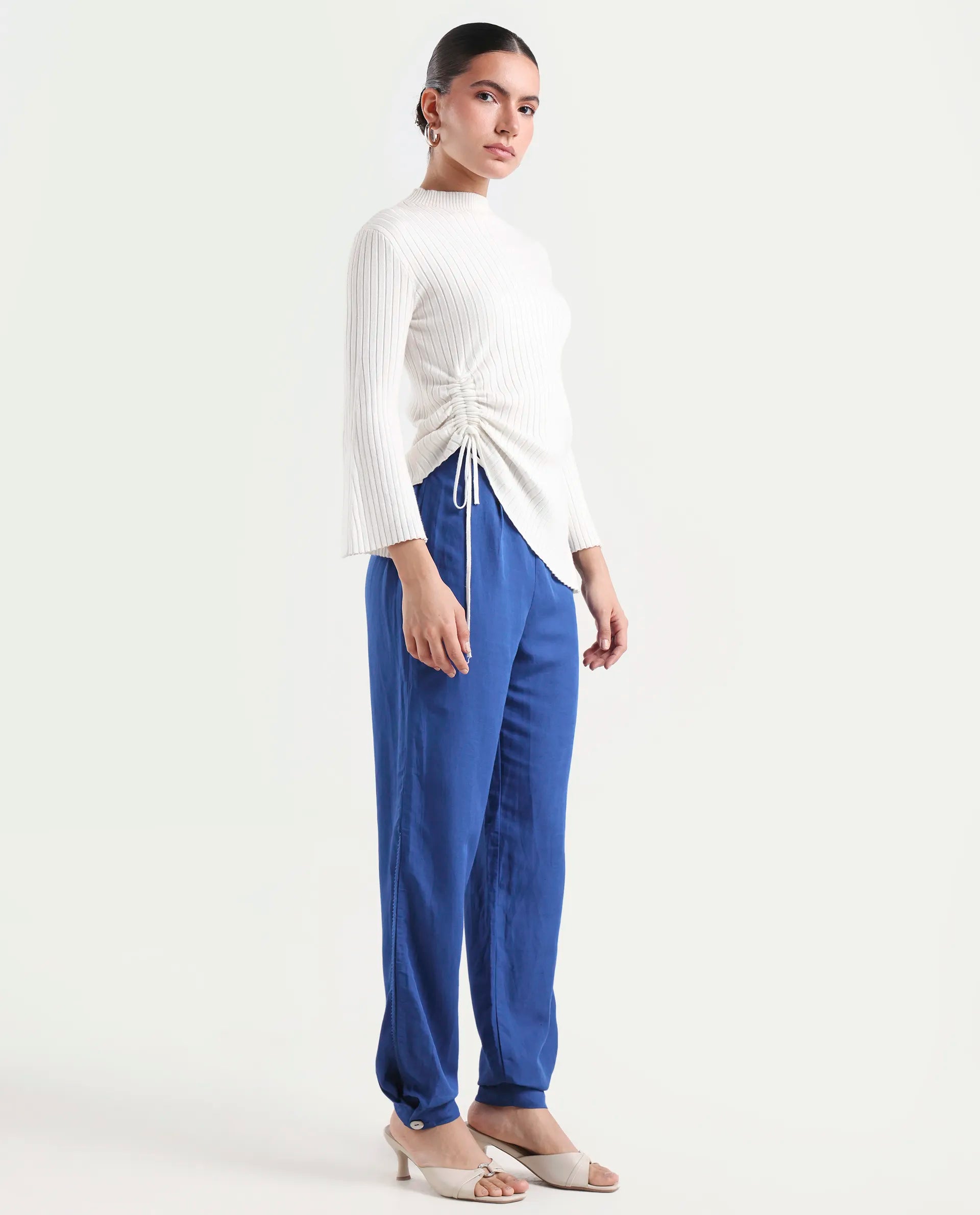Rareism Women's Erin Blue Cotton Linen Plain Ankle Length Tailored Trouser