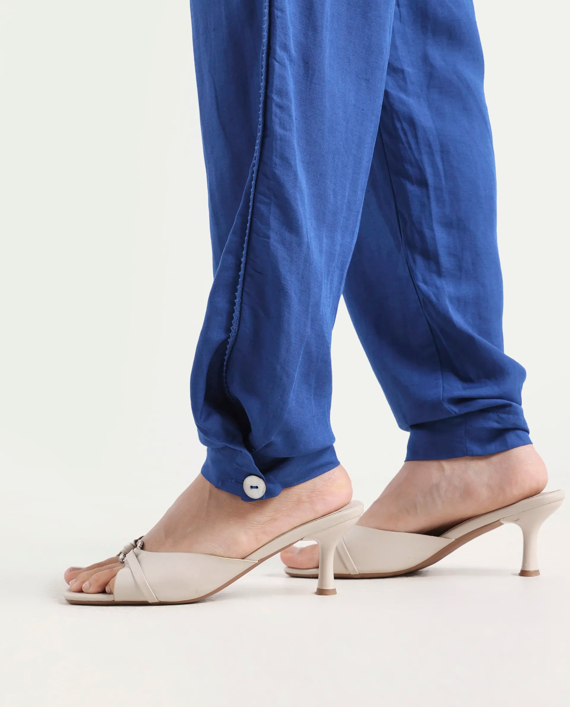 Rareism Women's Erin Blue Cotton Linen Plain Ankle Length Tailored Trouser