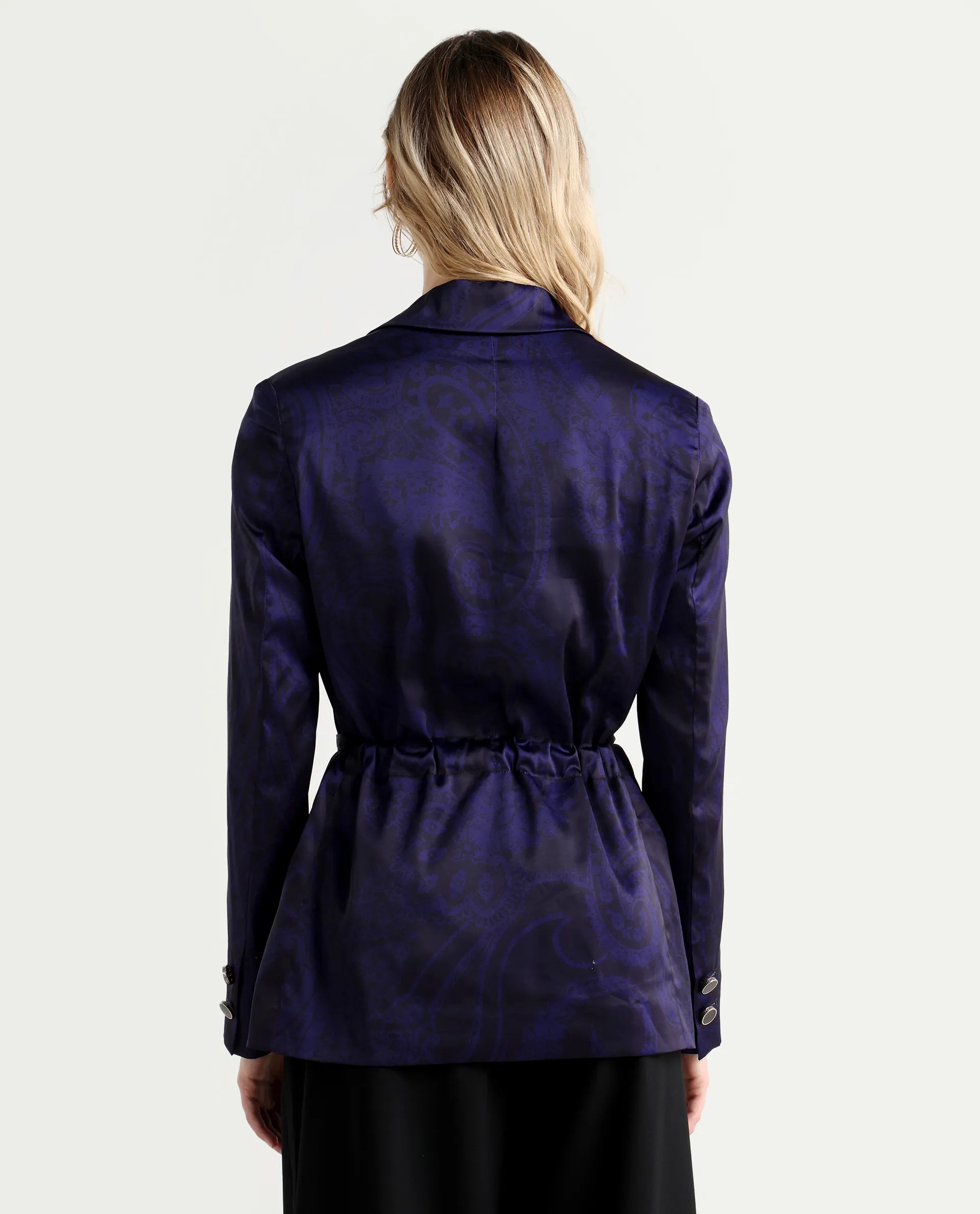 Rareism Women's Esena Dark Navy Polyester Lapel Neck Abstract Print Tailored Blazer