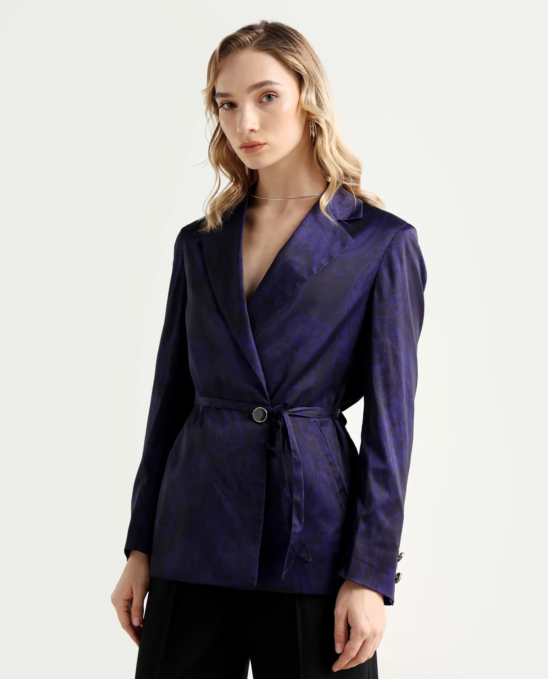 Rareism Women's Esena Dark Navy Polyester Lapel Neck Abstract Print Tailored Blazer