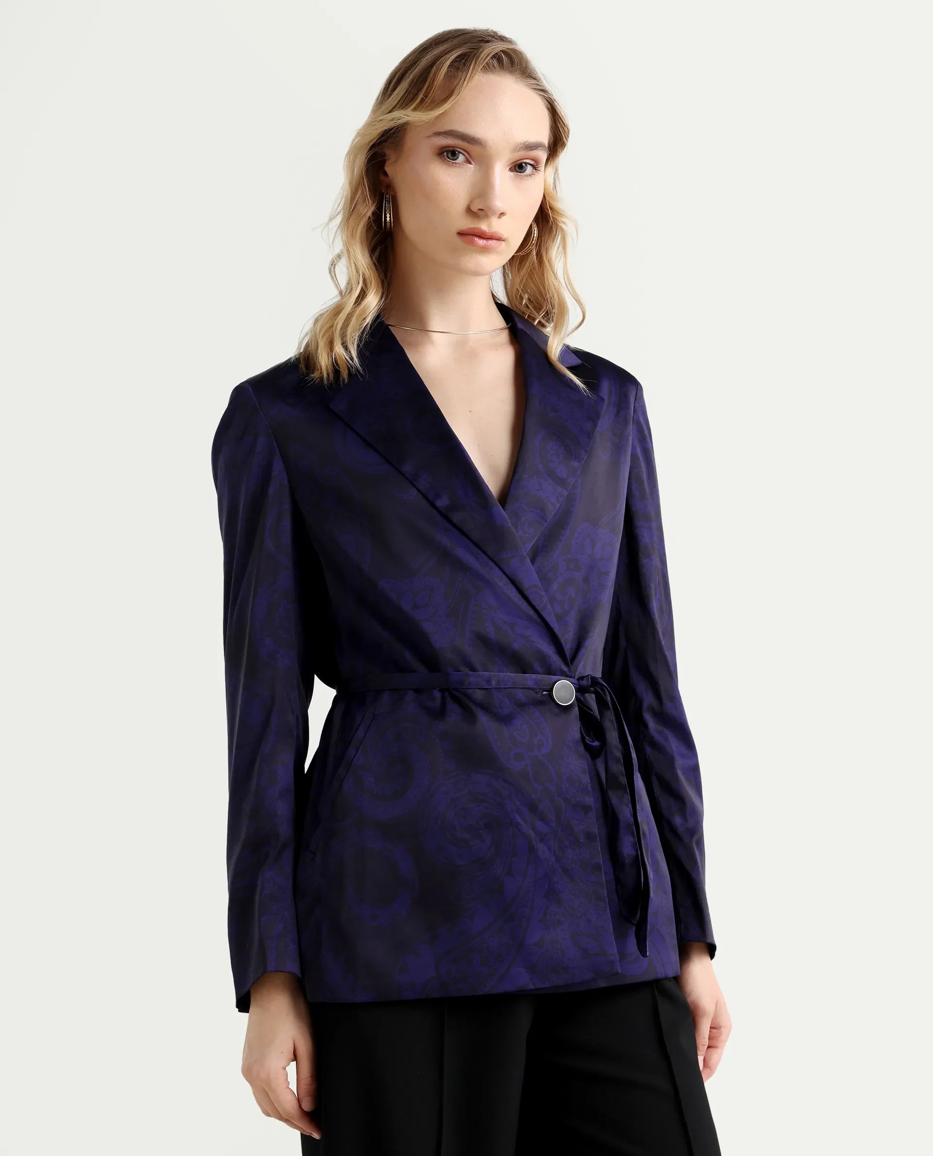 Rareism Women's Esena Dark Navy Polyester Lapel Neck Abstract Print Tailored Blazer