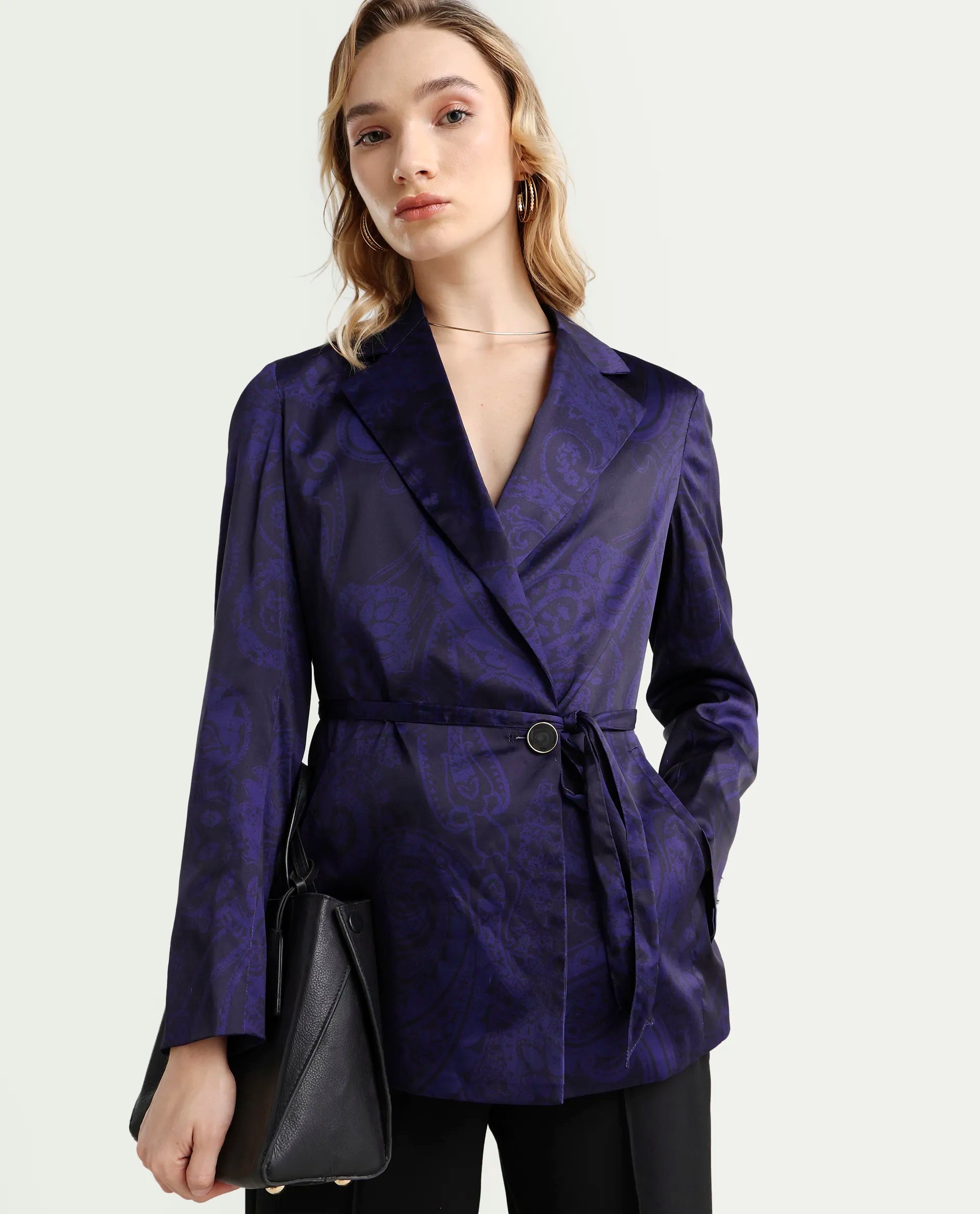 Rareism Women's Esena Dark Navy Polyester Lapel Neck Abstract Print Tailored Blazer