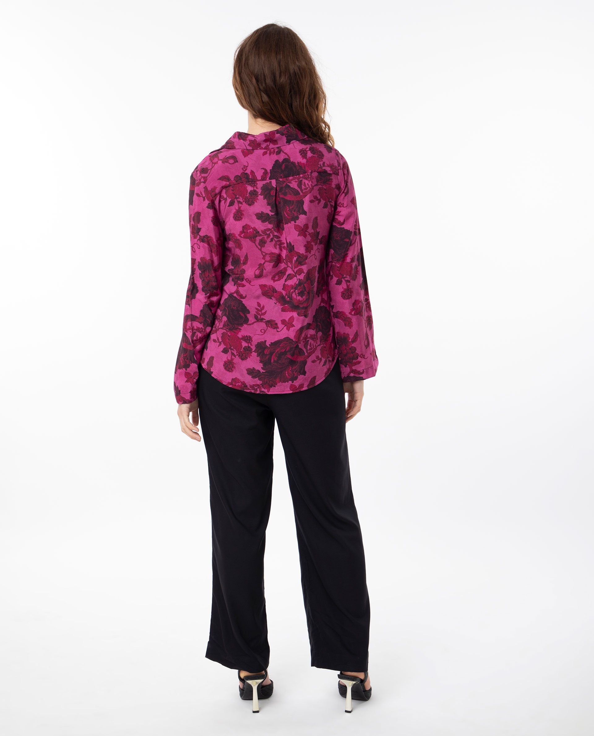 Rareism Women's Esent Maroon Polyester Spread Collar Floral Print Relaxed Fit Top