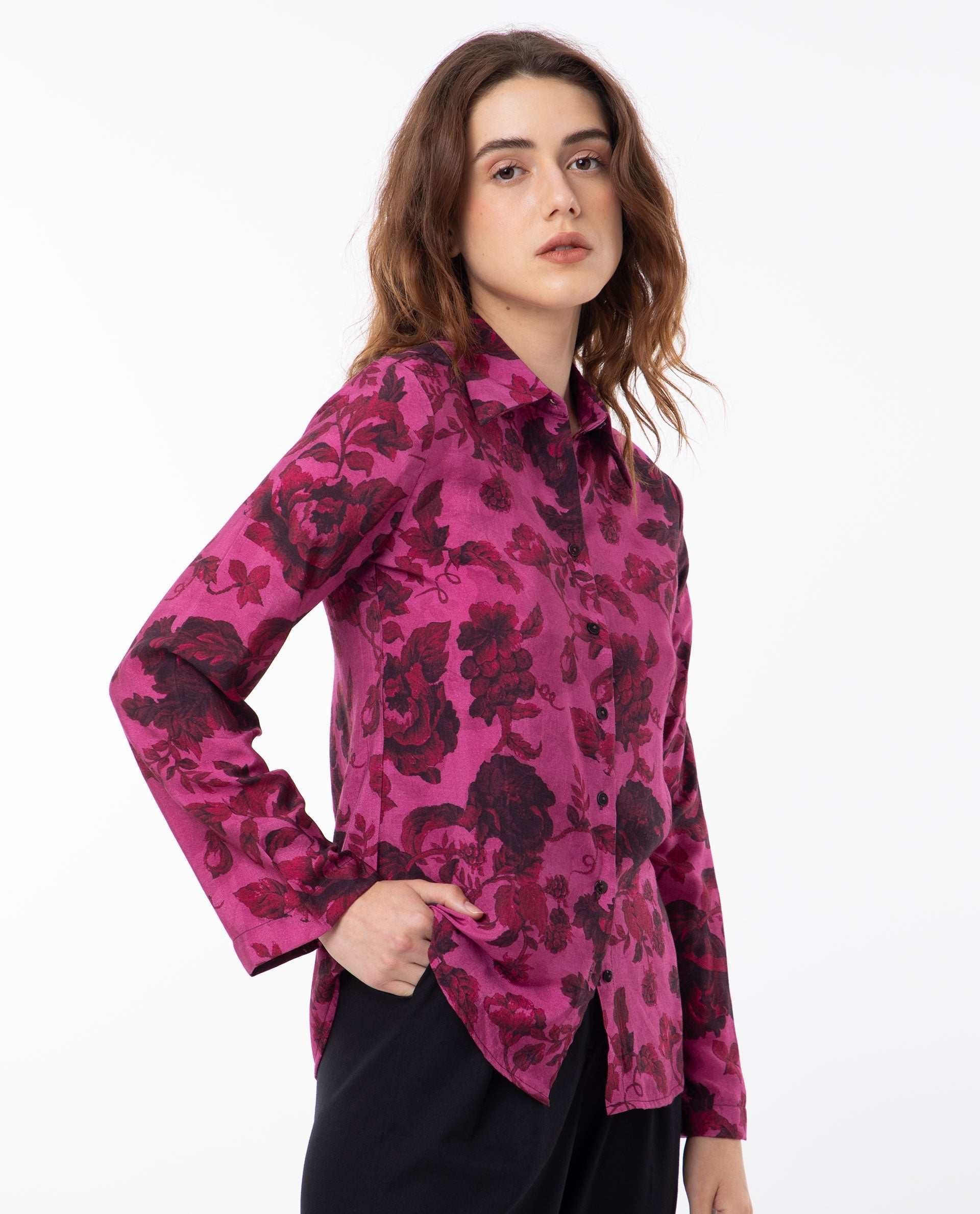 Rareism Women's Esent Maroon Polyester Spread Collar Floral Print Relaxed Fit Top