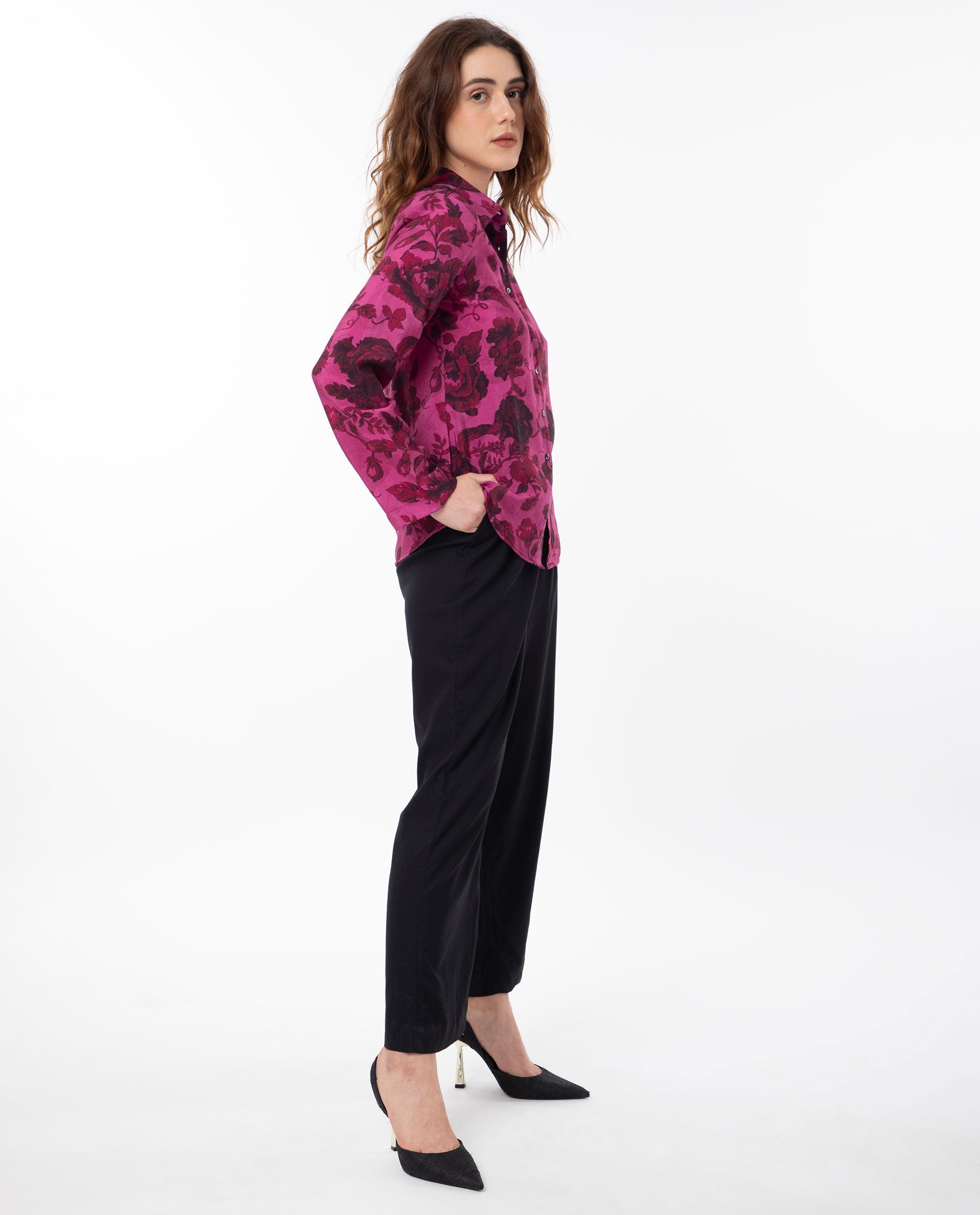 Rareism Women's Esent Maroon Polyester Spread Collar Floral Print Relaxed Fit Top