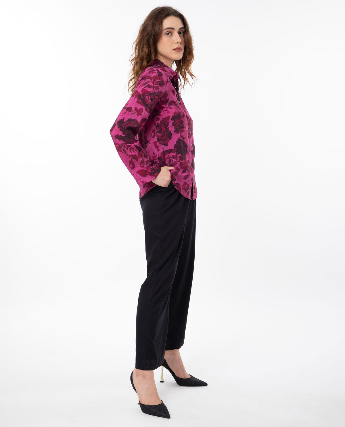 Rareism Women Esent Maroon Polyester Fabric Full Sleeves Button Closure Shirt Collar Relaxed Fit Floral Print Top