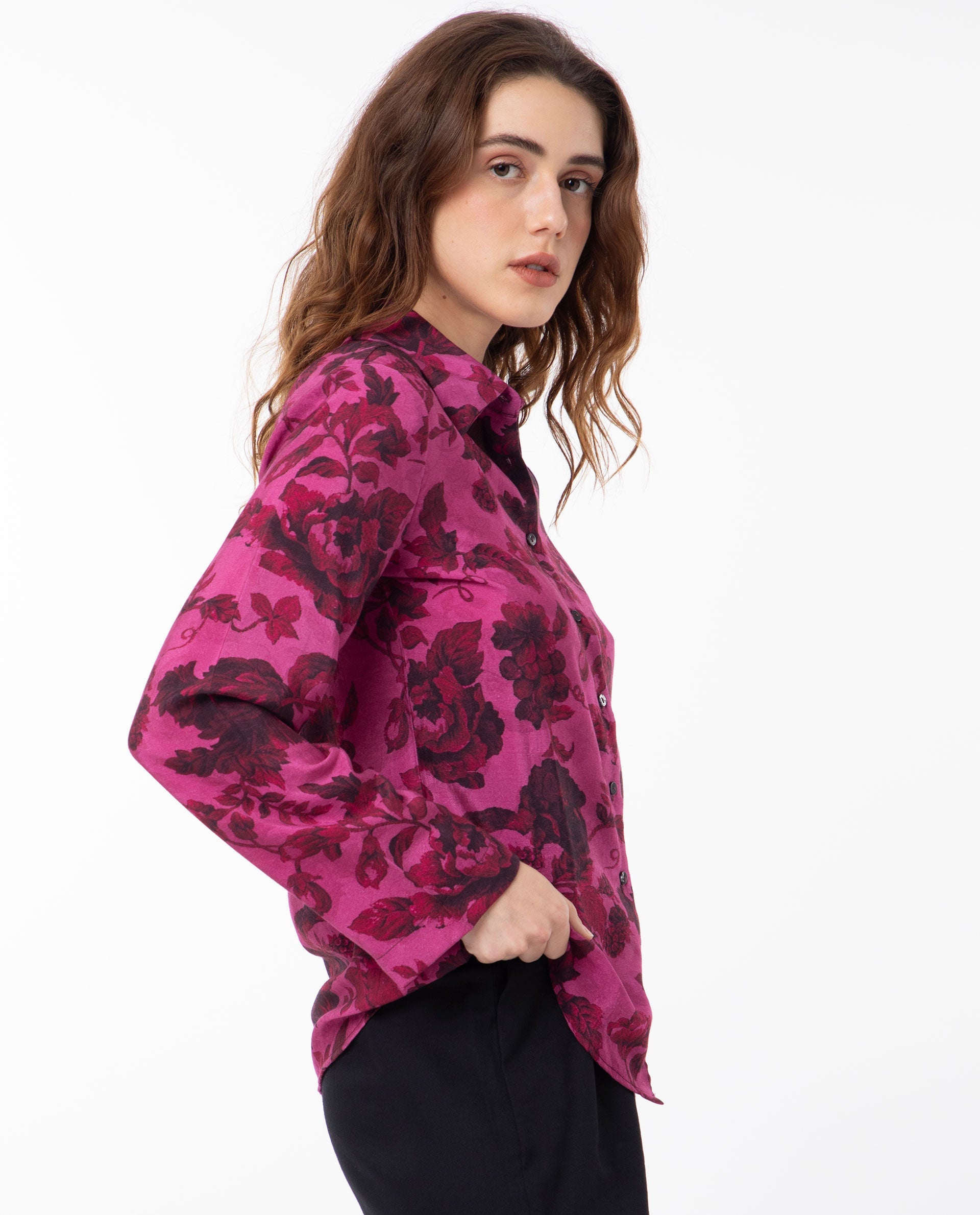 Rareism Women's Esent Maroon Polyester Spread Collar Floral Print Relaxed Fit Top