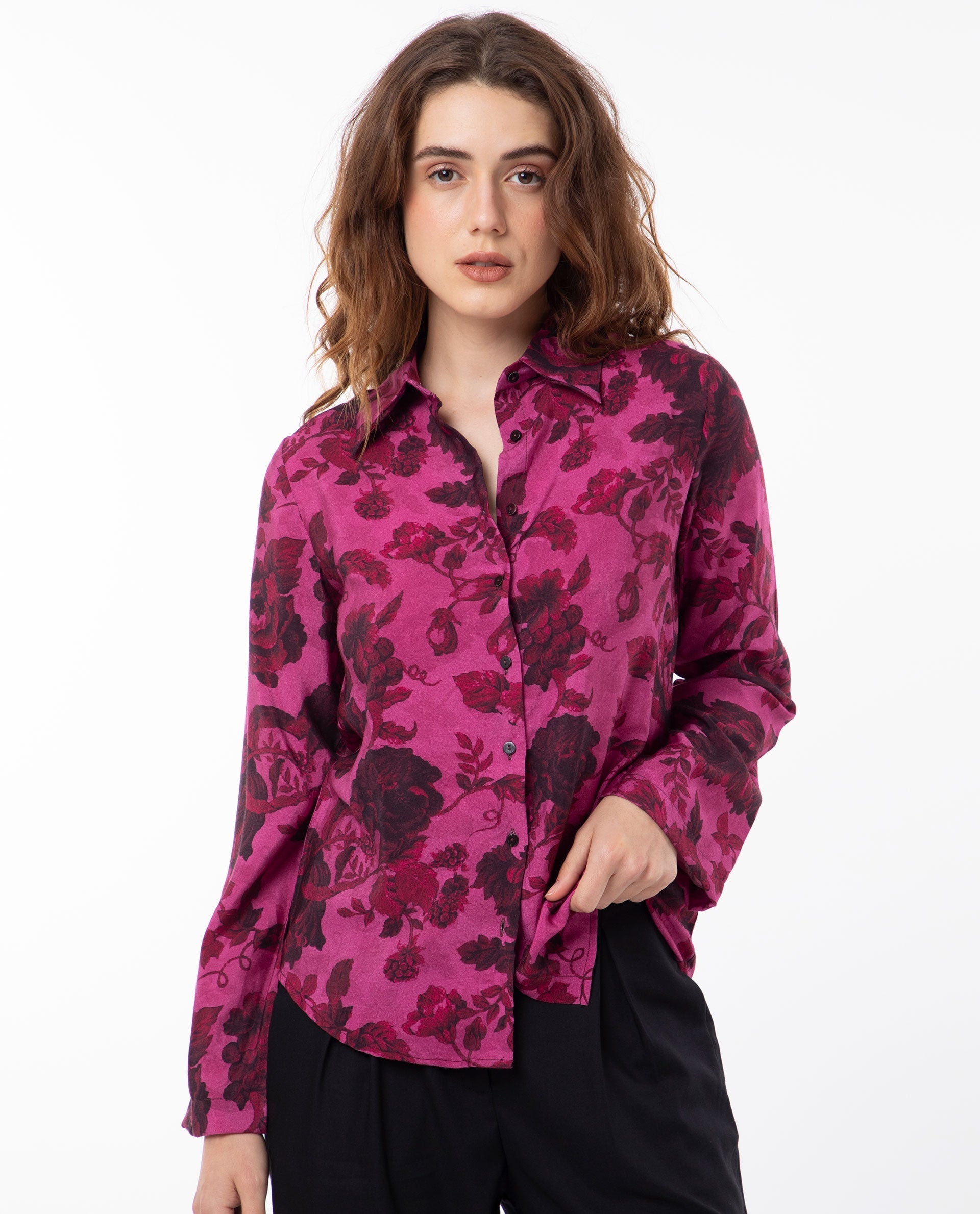 Rareism Women's Esent Maroon Polyester Spread Collar Floral Print Relaxed Fit Top