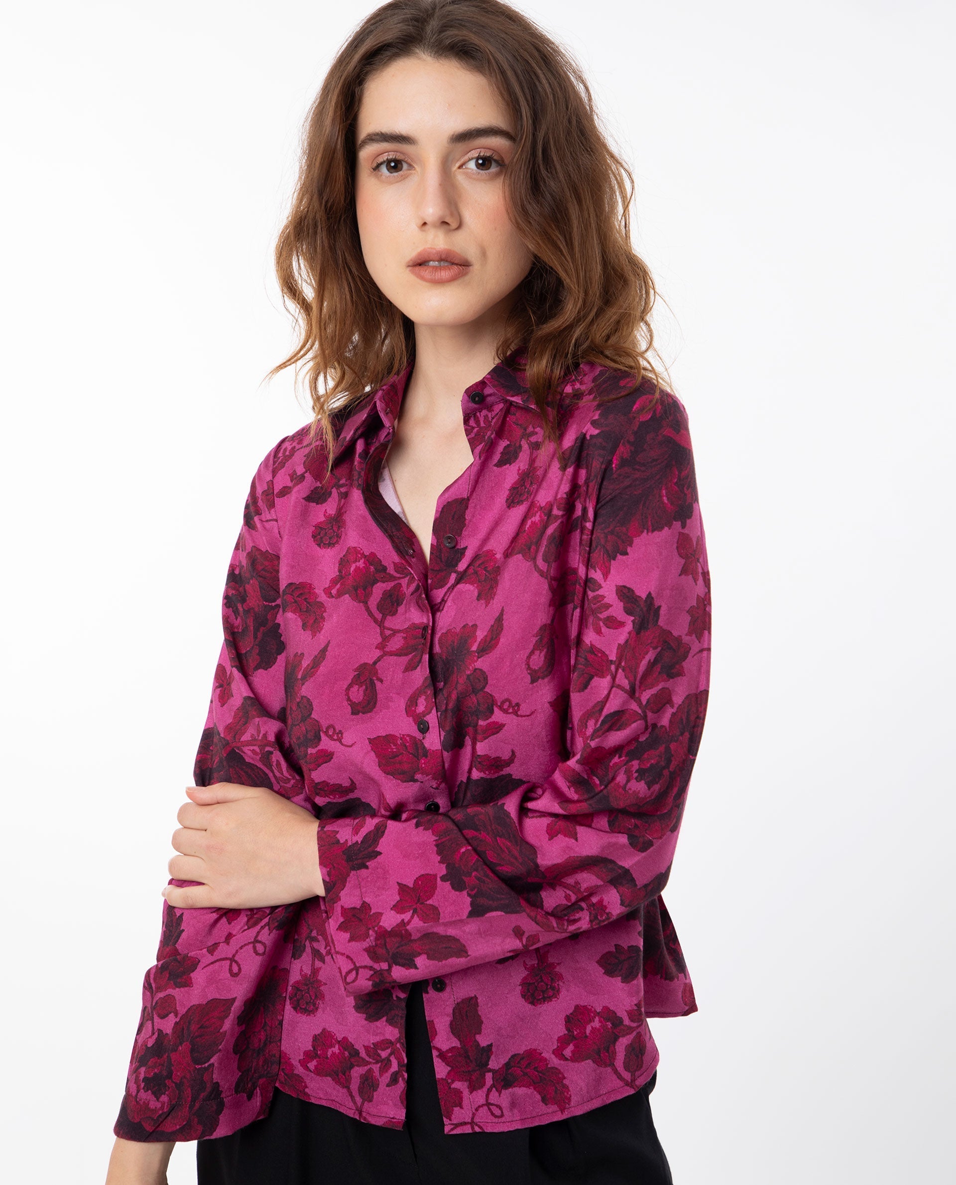 Rareism Women's Esent Maroon Polyester Spread Collar Floral Print Relaxed Fit Top