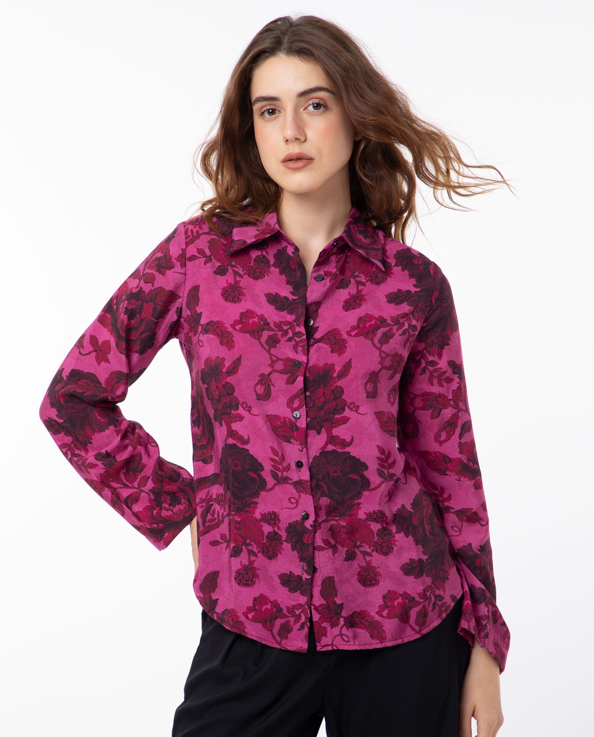 Rareism Women's Esent Maroon Polyester Spread Collar Floral Print Relaxed Fit Top