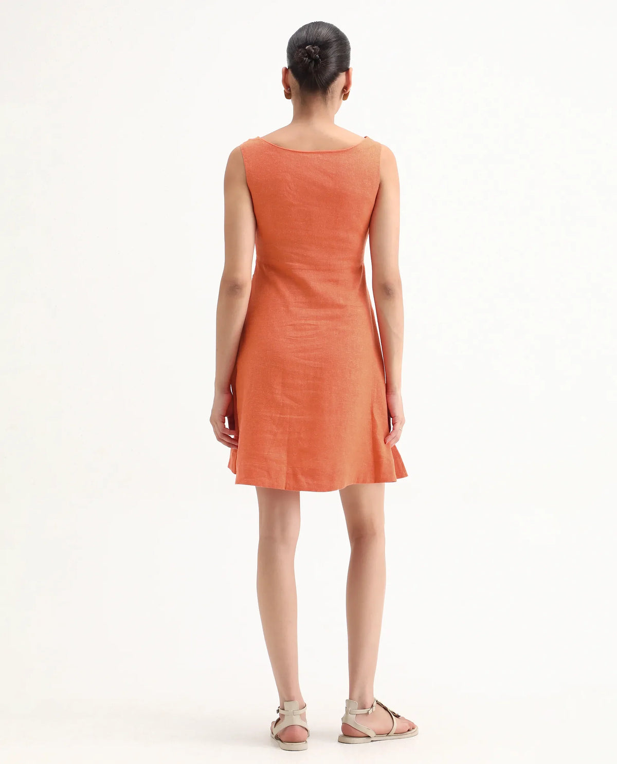 Rareism Women's Eswati Orange Linen Cowl Neck Plain Sleeveless Knee Length Flared Dress