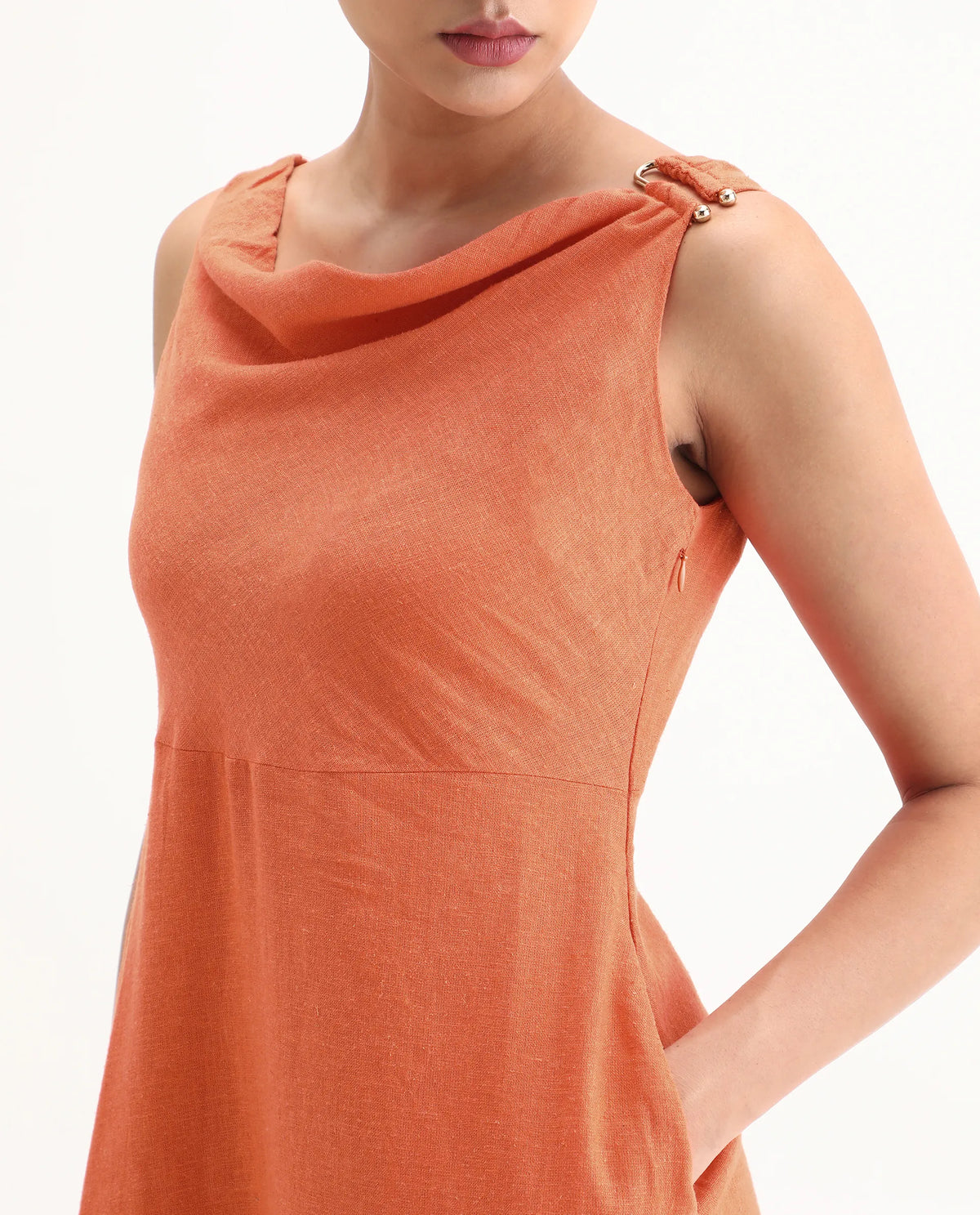 Rareism Women's Eswati Orange Linen Cowl Neck Plain Sleeveless Knee Length Flared Dress