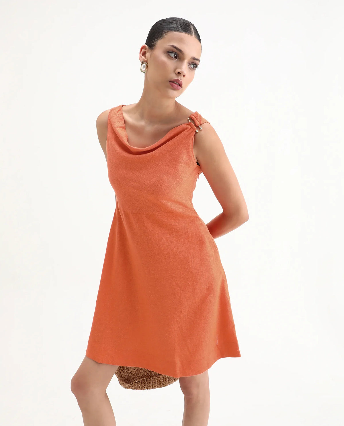 Rareism Women's Eswati Orange Linen Cowl Neck Plain Sleeveless Knee Length Flared Dress