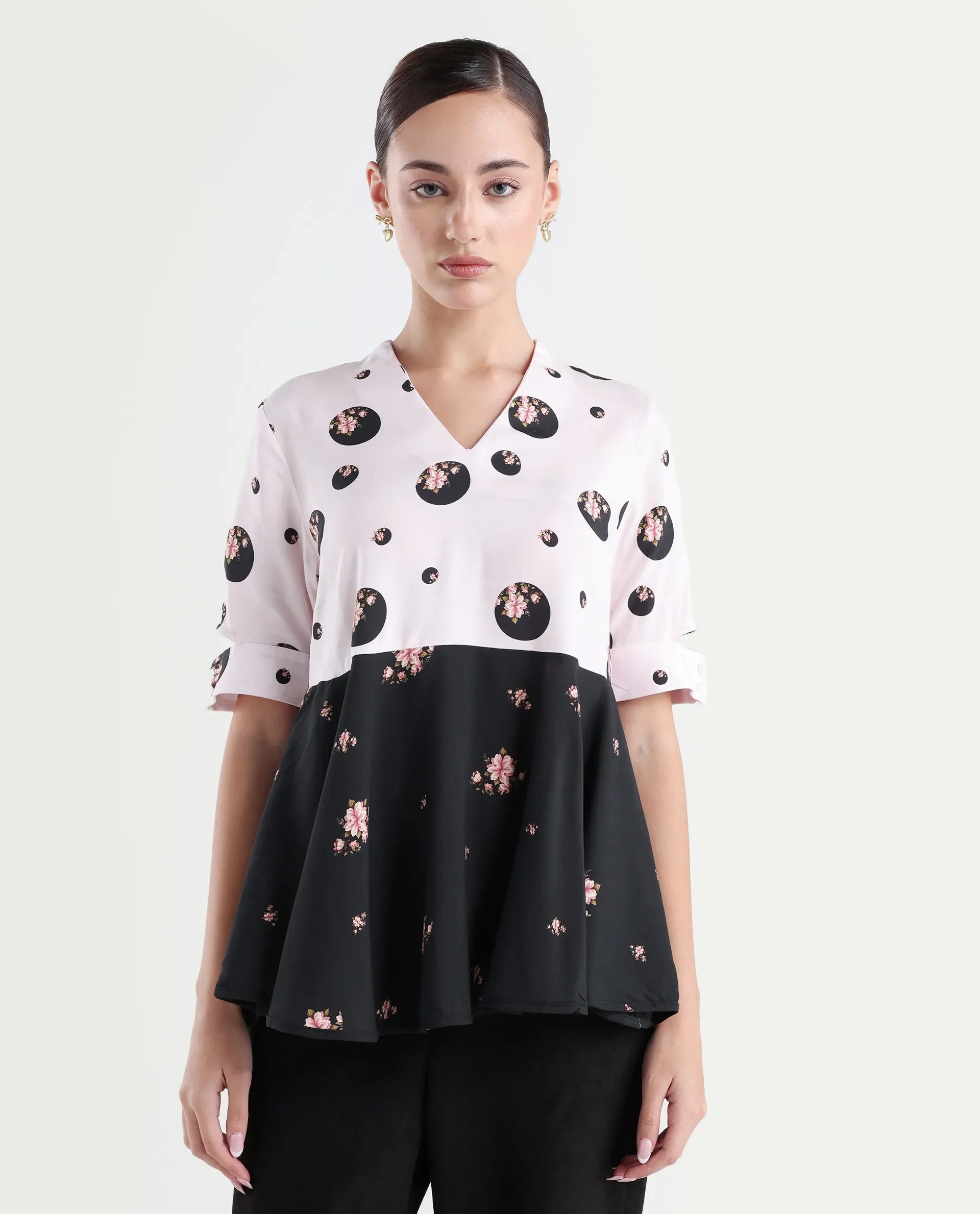 Rareism Women's Euphoria Light Pink Polyester V-Neck Polka Print Cuffed Sleeve Regular Fit Top