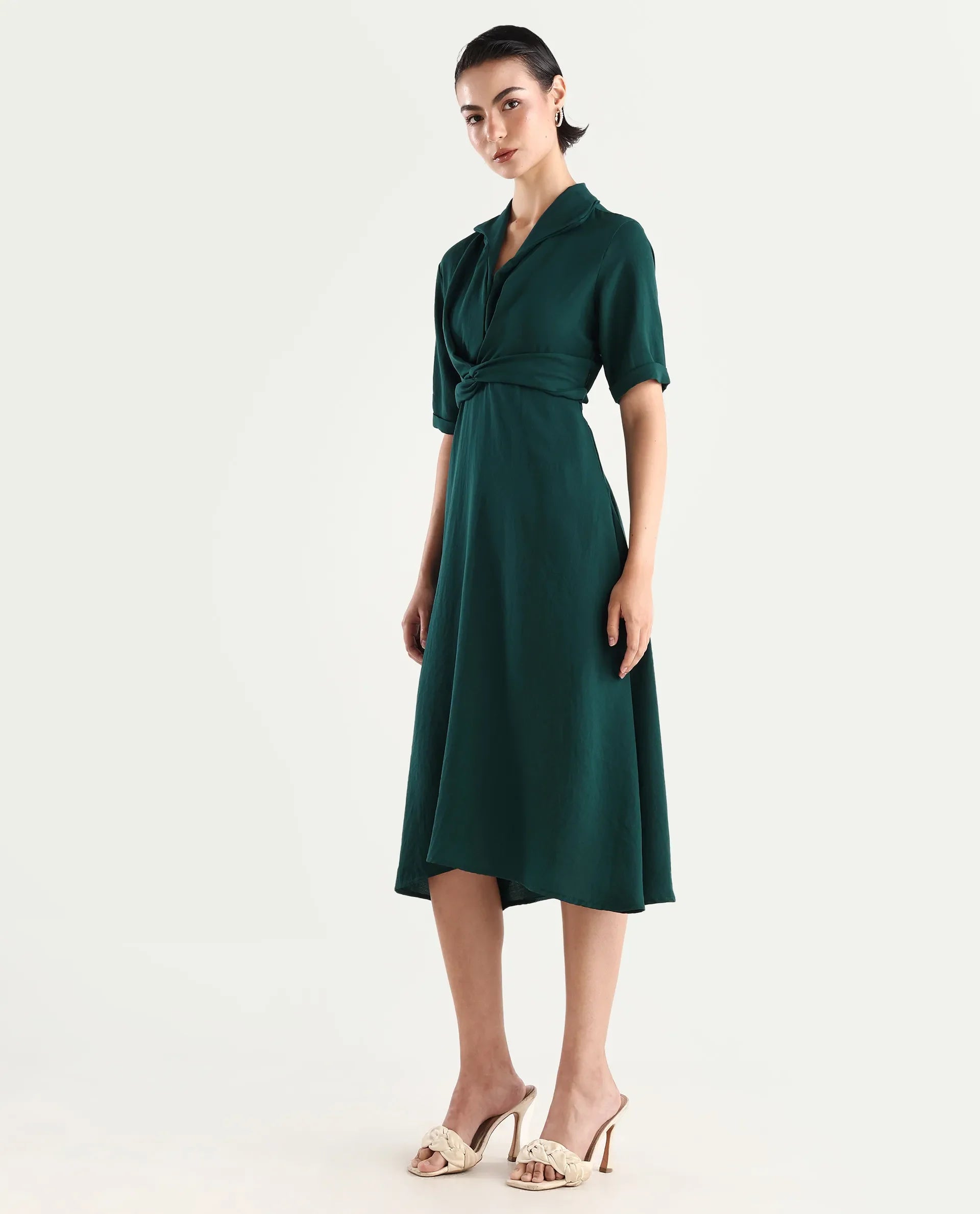 Rareism Women's Fedrez Green Polyester Cowl Neck Plain Bell Sleeve Maxi Flared Dress